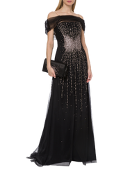 Tulle maxi dress with luminous embroidery - Black