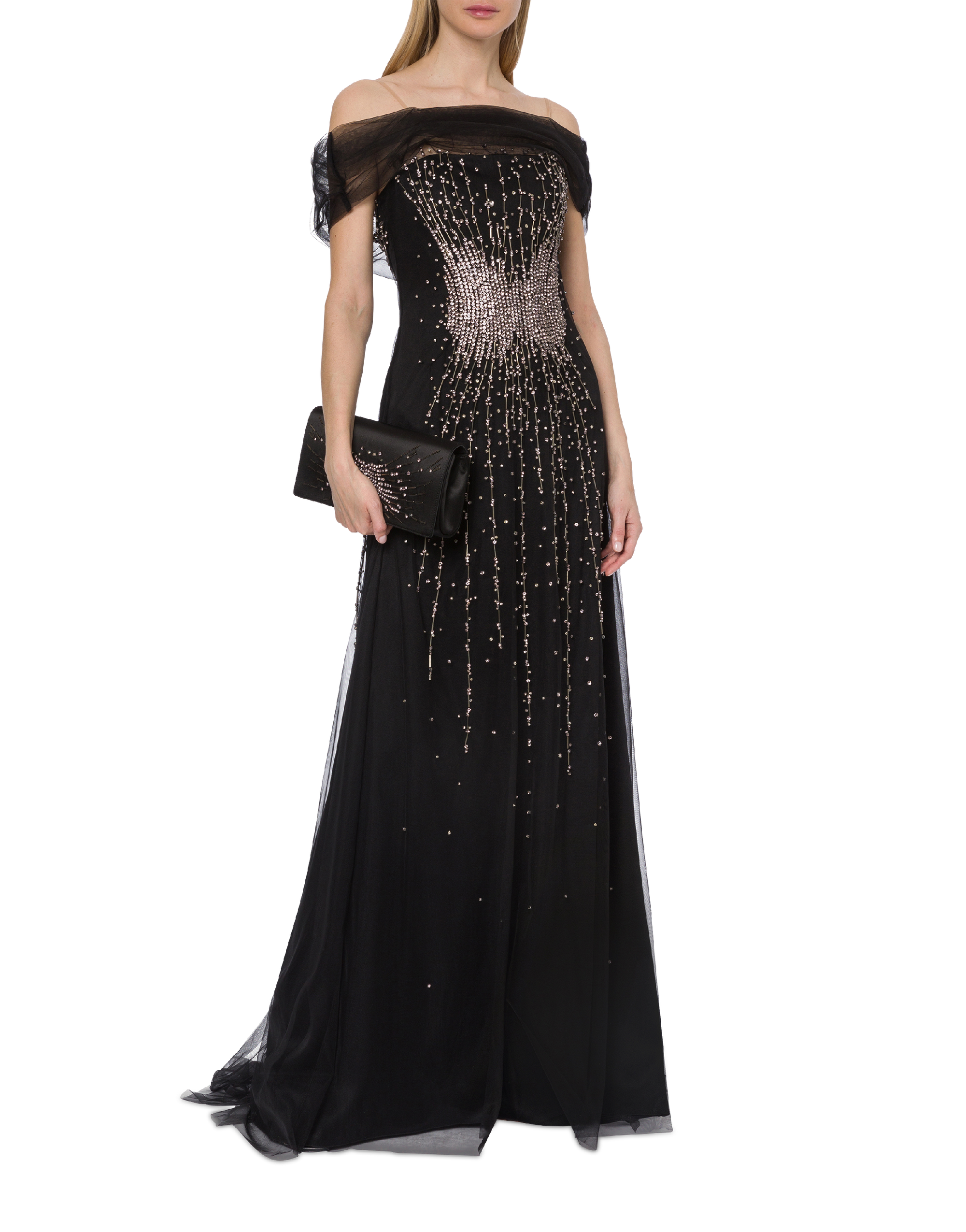 Tulle maxi dress with luminous embroidery - Black