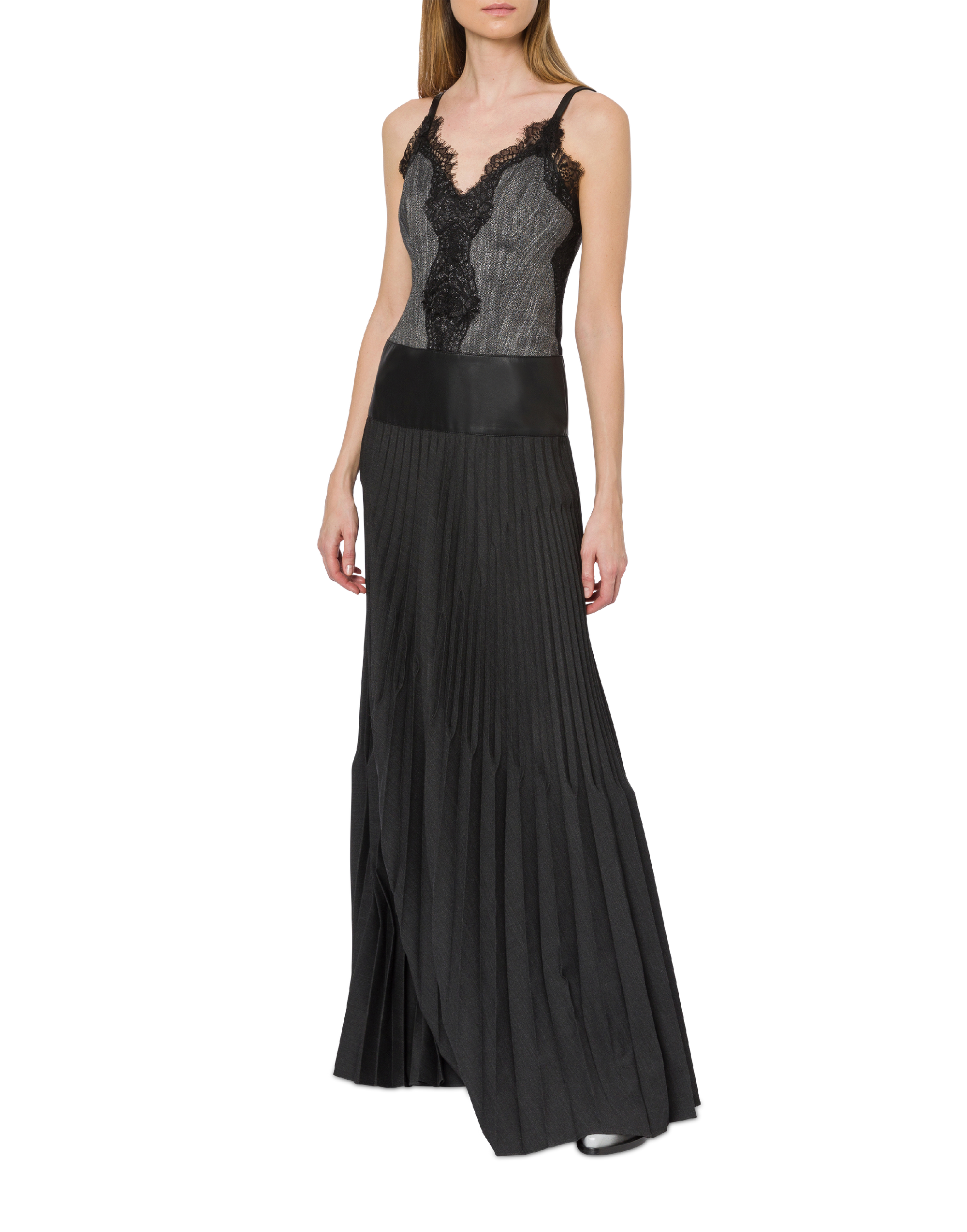 Robe longue plissée en tulle et dentelle - Dark Grey