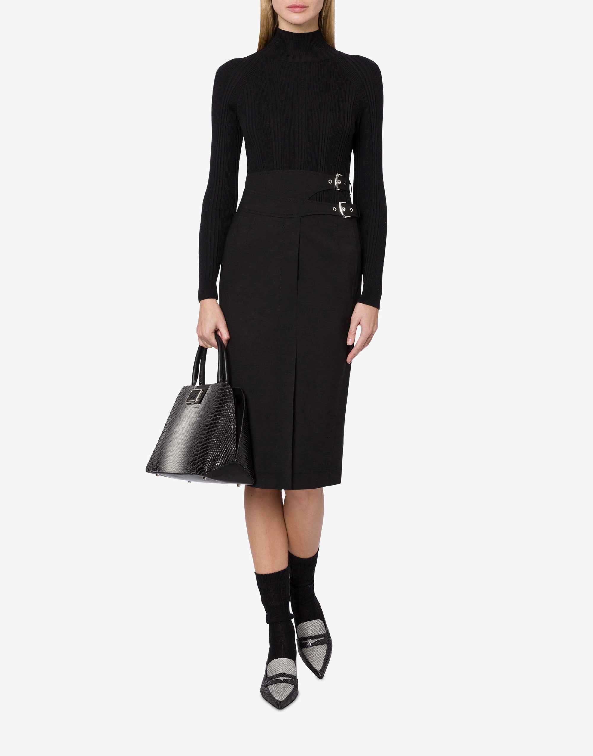 Jupe midi en tissu de laine stretch - Black