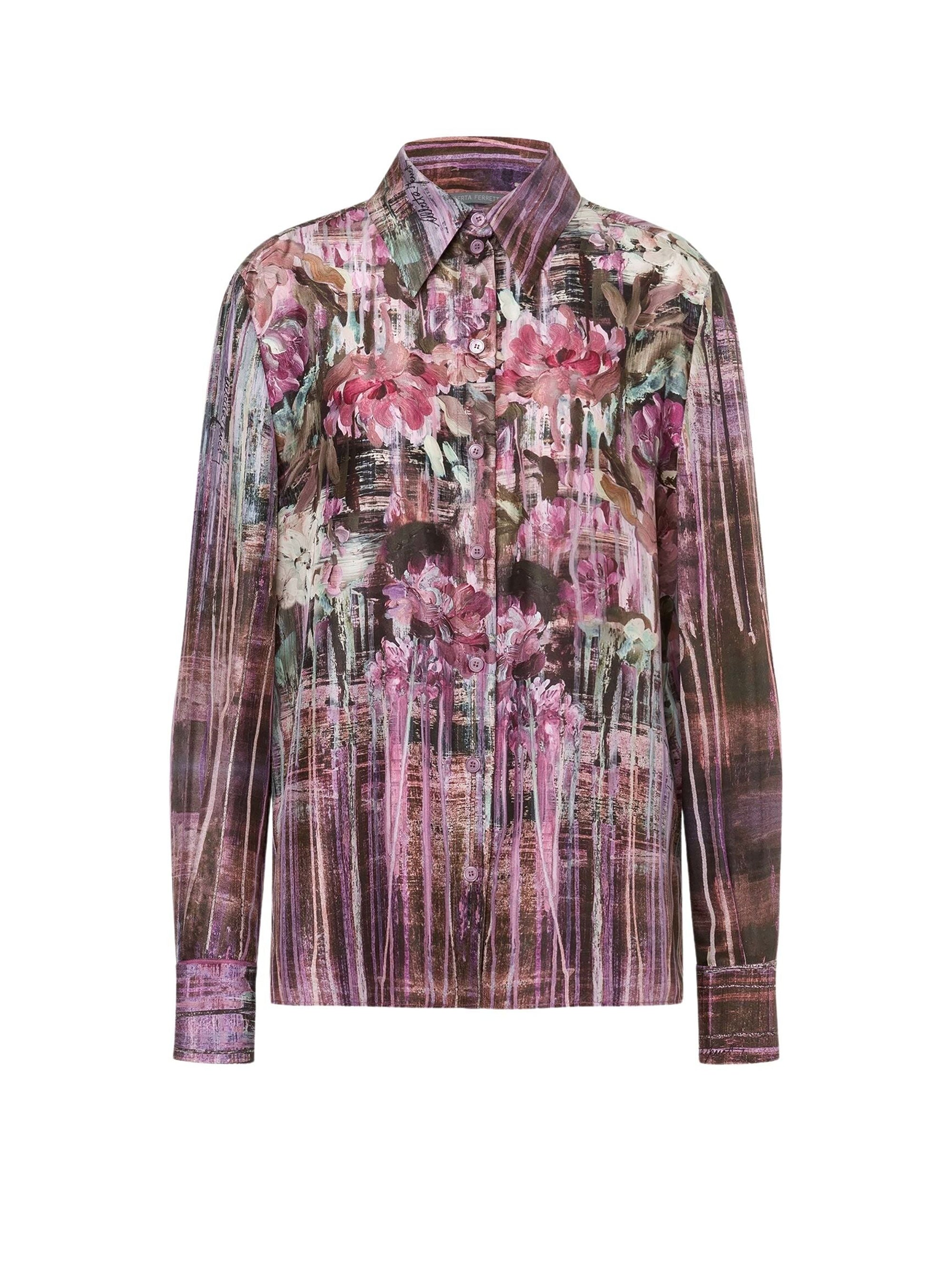 Chemise en soie avec imprimé dripping roses - Fantasy Purple