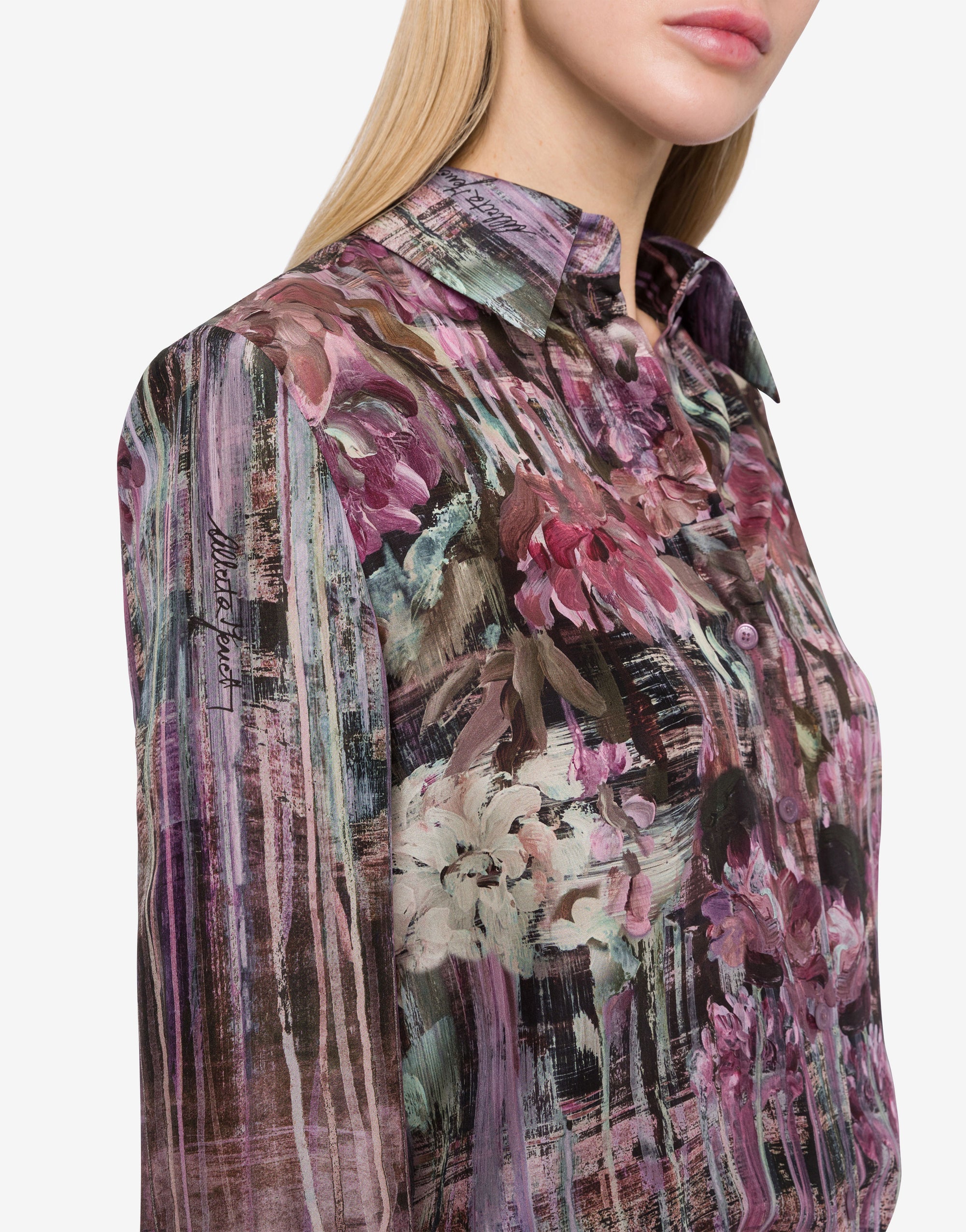 Chemise en soie avec imprimé dripping roses - Fantasy Purple