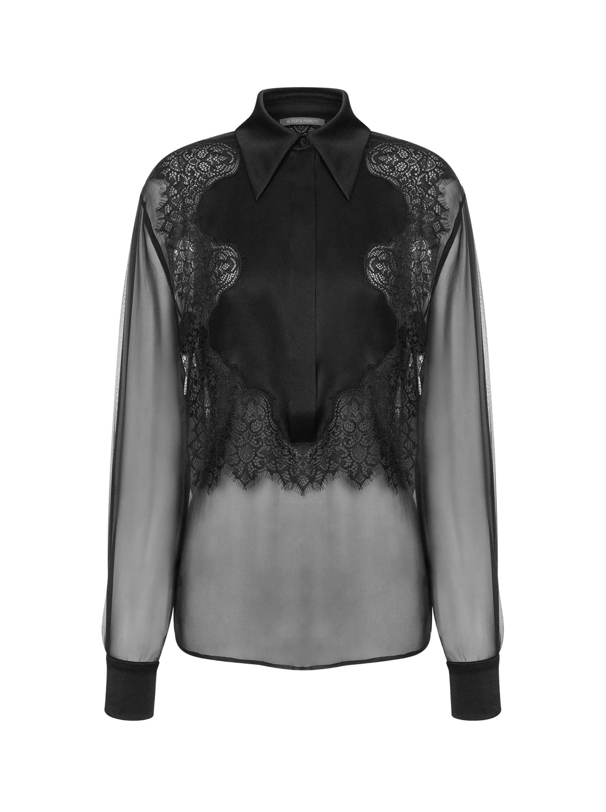Chemise en mousseline de soie avec dentelle - Black