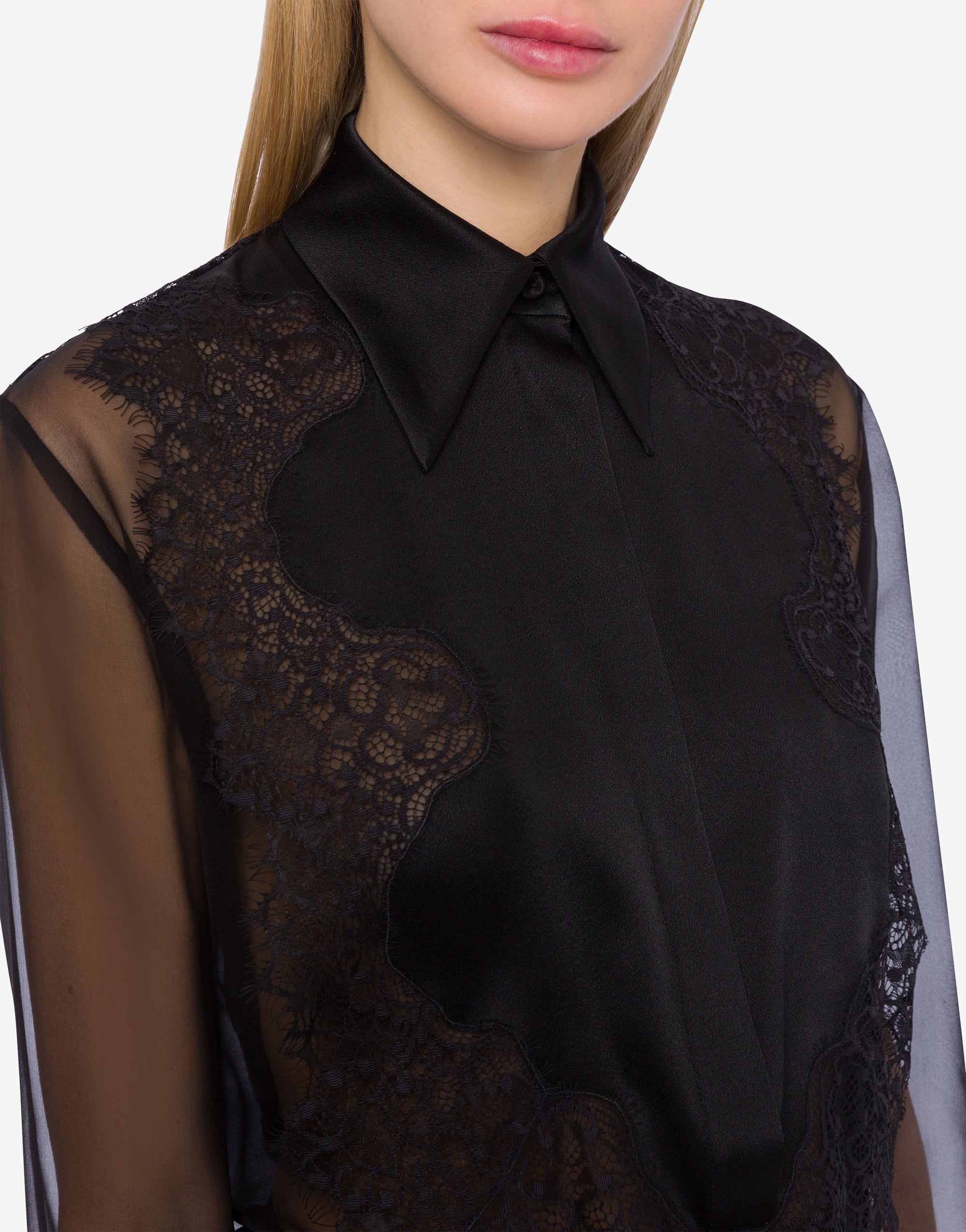 Chemise en mousseline de soie avec dentelle - Black