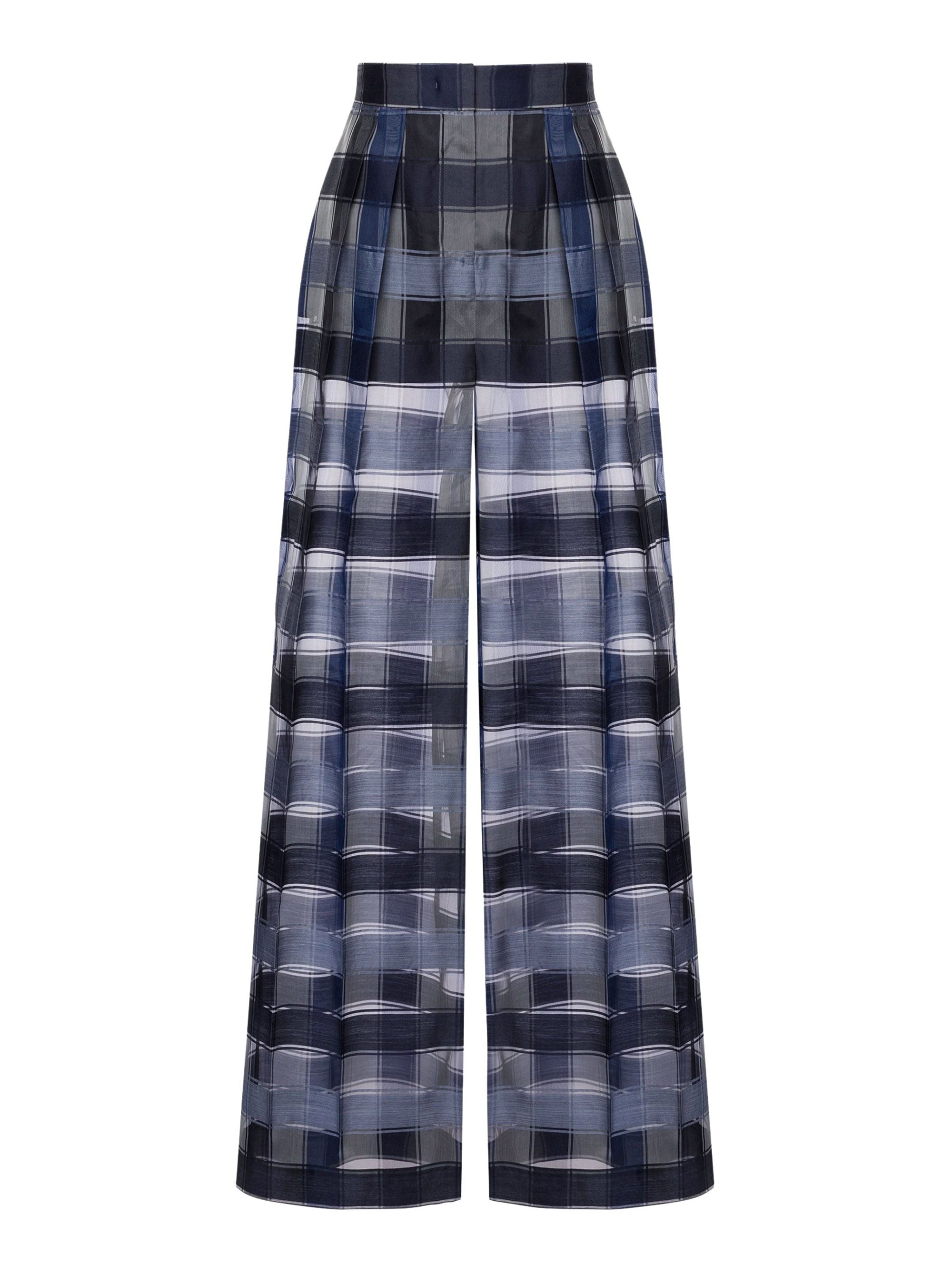 Pantalon à carreaux en laine et soie - Dark Blue