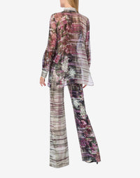 Pantalon en soie avec imprimé dripping roses - Ivory
