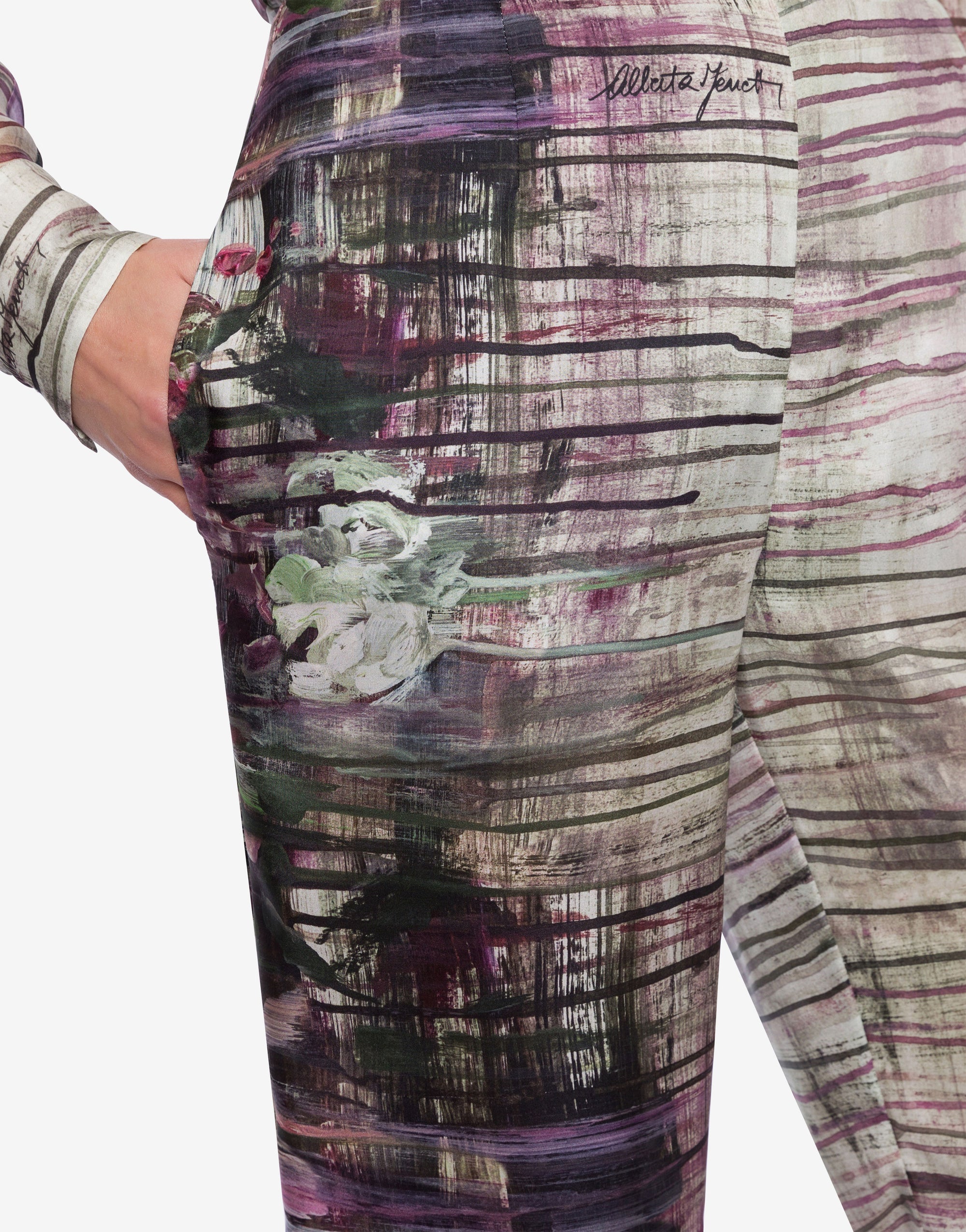 Pantalon en soie avec imprimé dripping roses - Ivory