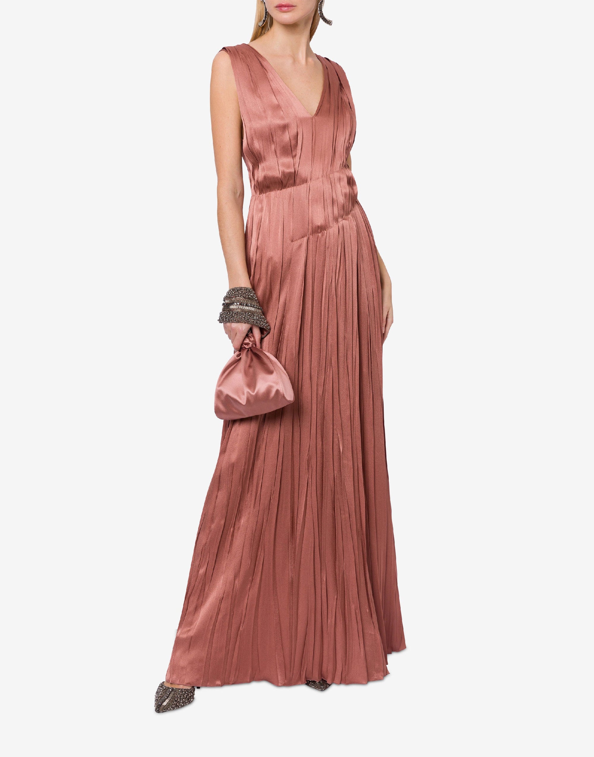 Silk blend maxi dress with pleats - Powder