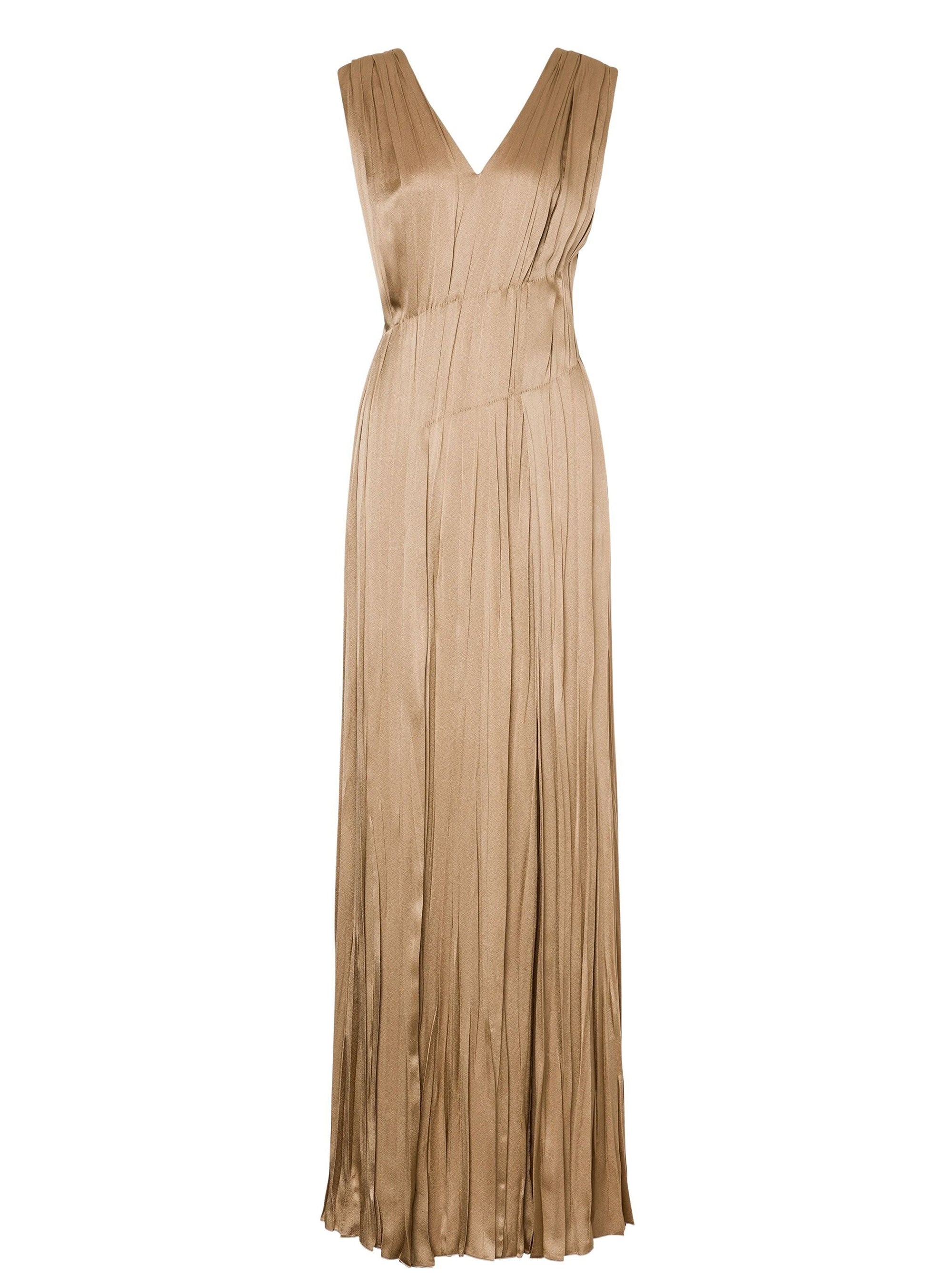 Silk blend maxi dress with pleats - Beige
