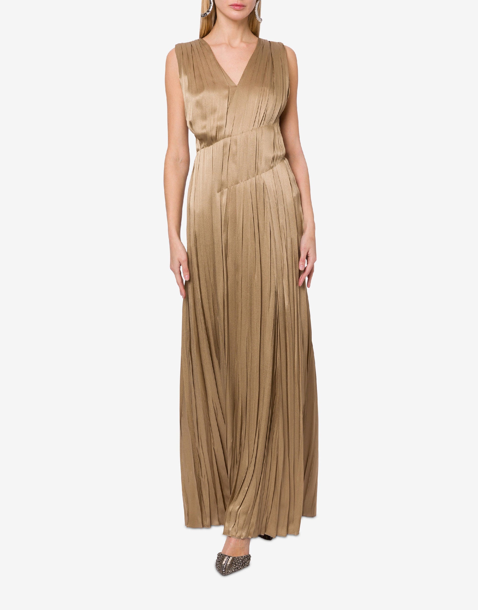 Silk blend maxi dress with pleats - Beige