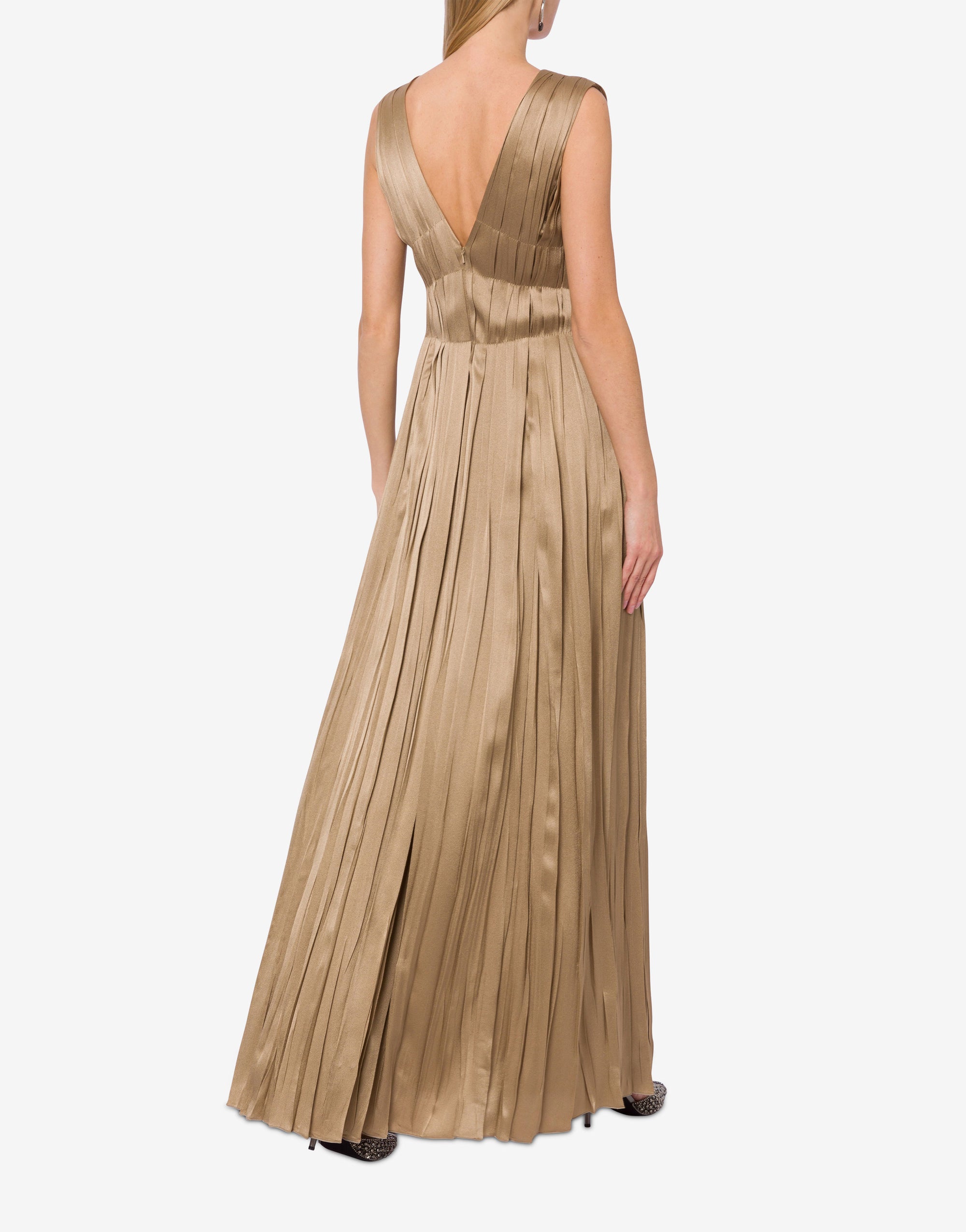 Silk blend maxi dress with pleats - Beige