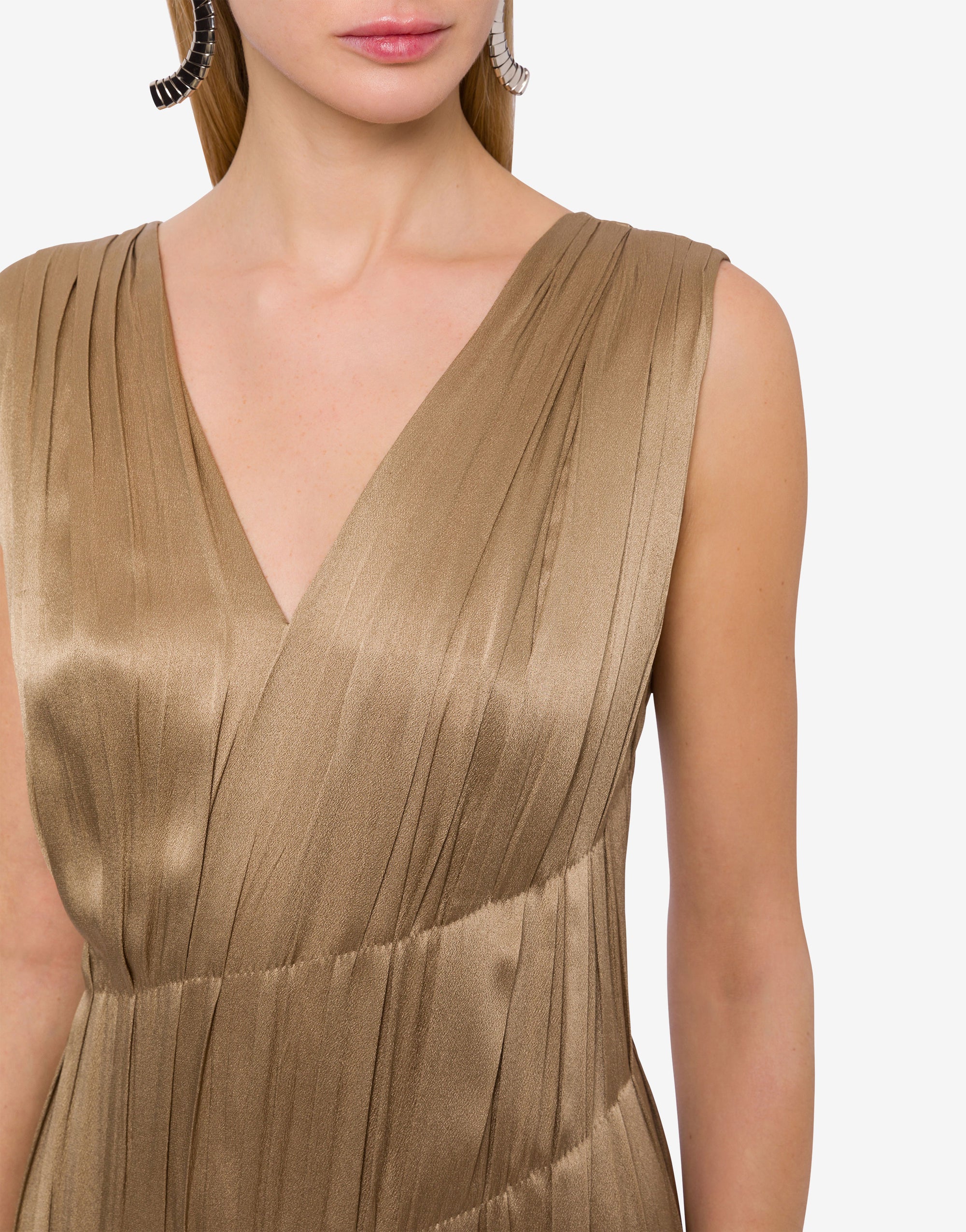 Silk blend maxi dress with pleats - Beige