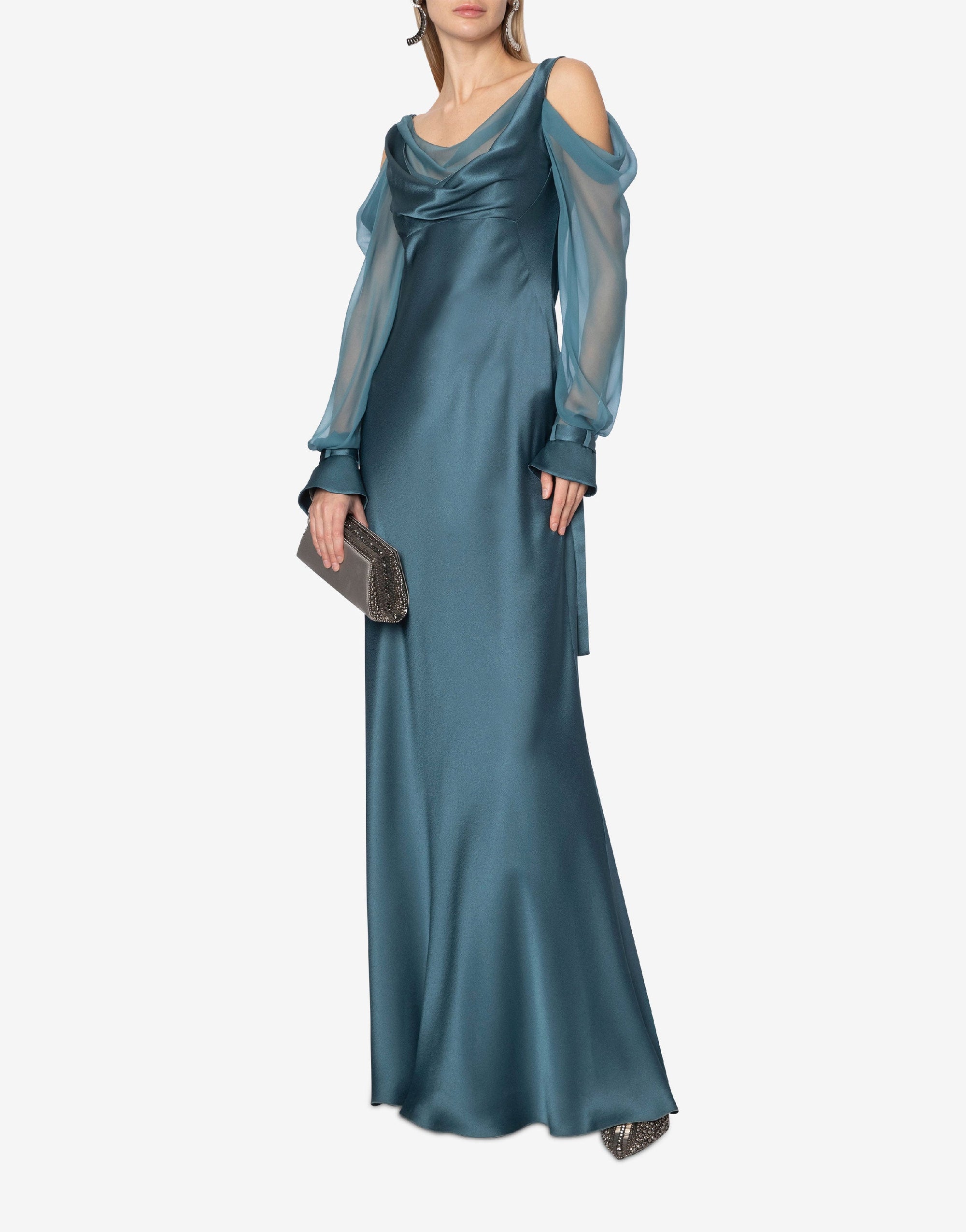 Silk blend maxi dress with chiffon sleeves - Grey