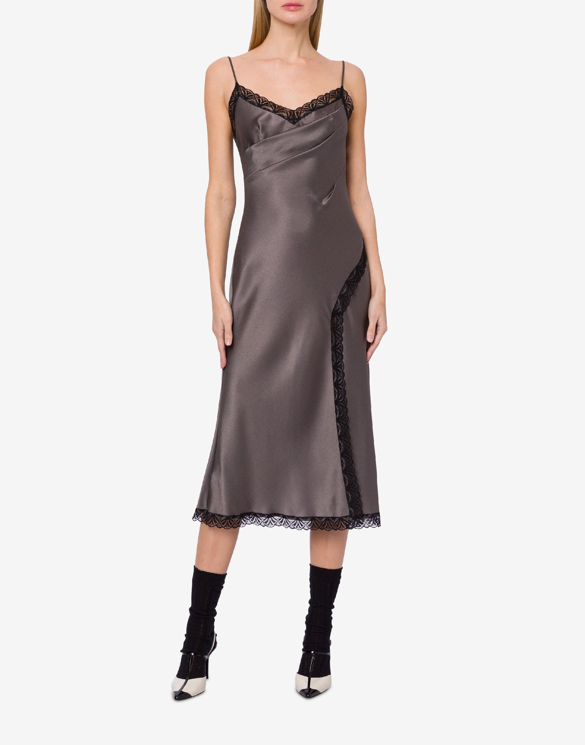 Silk blend midi dress with lace - Dark Grey