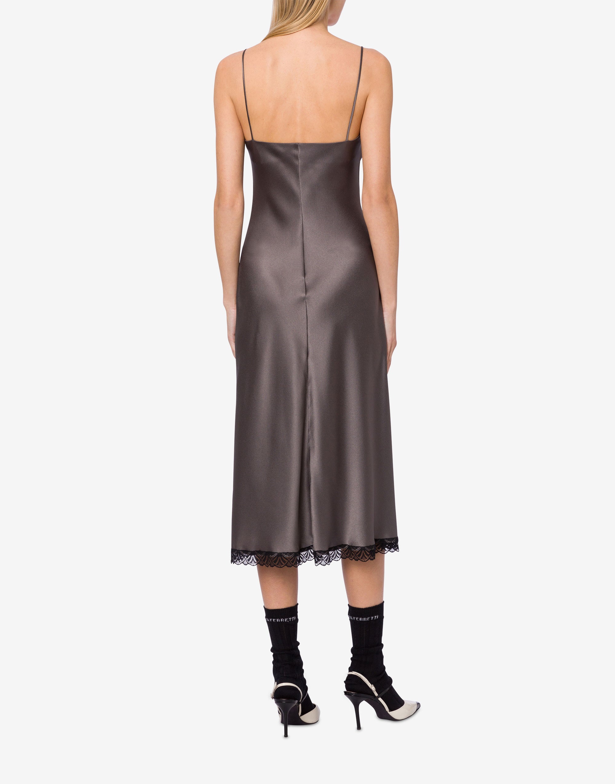 Silk blend midi dress with lace - Dark Grey