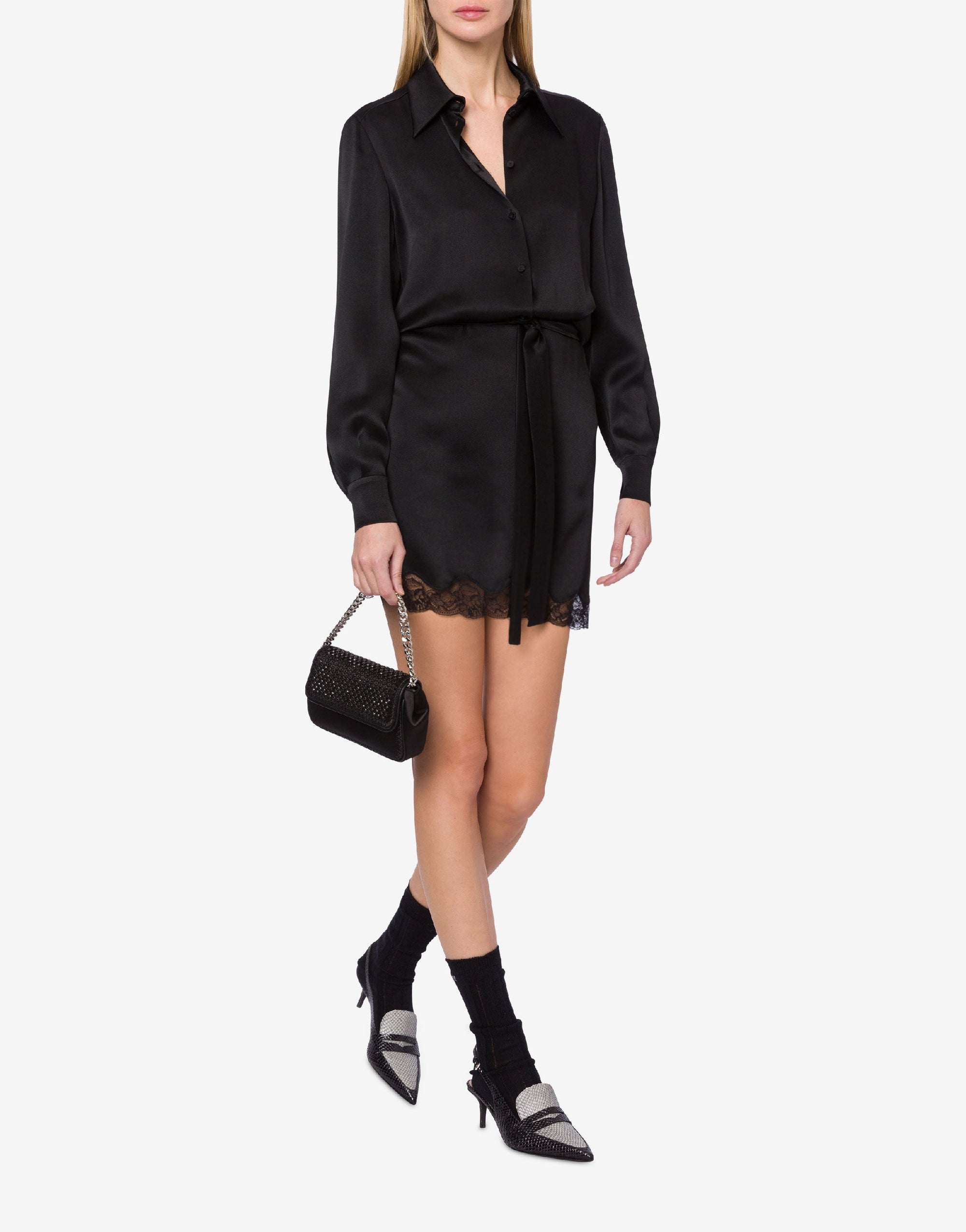 Robe courte en soie mélangée avec dentelle - Black