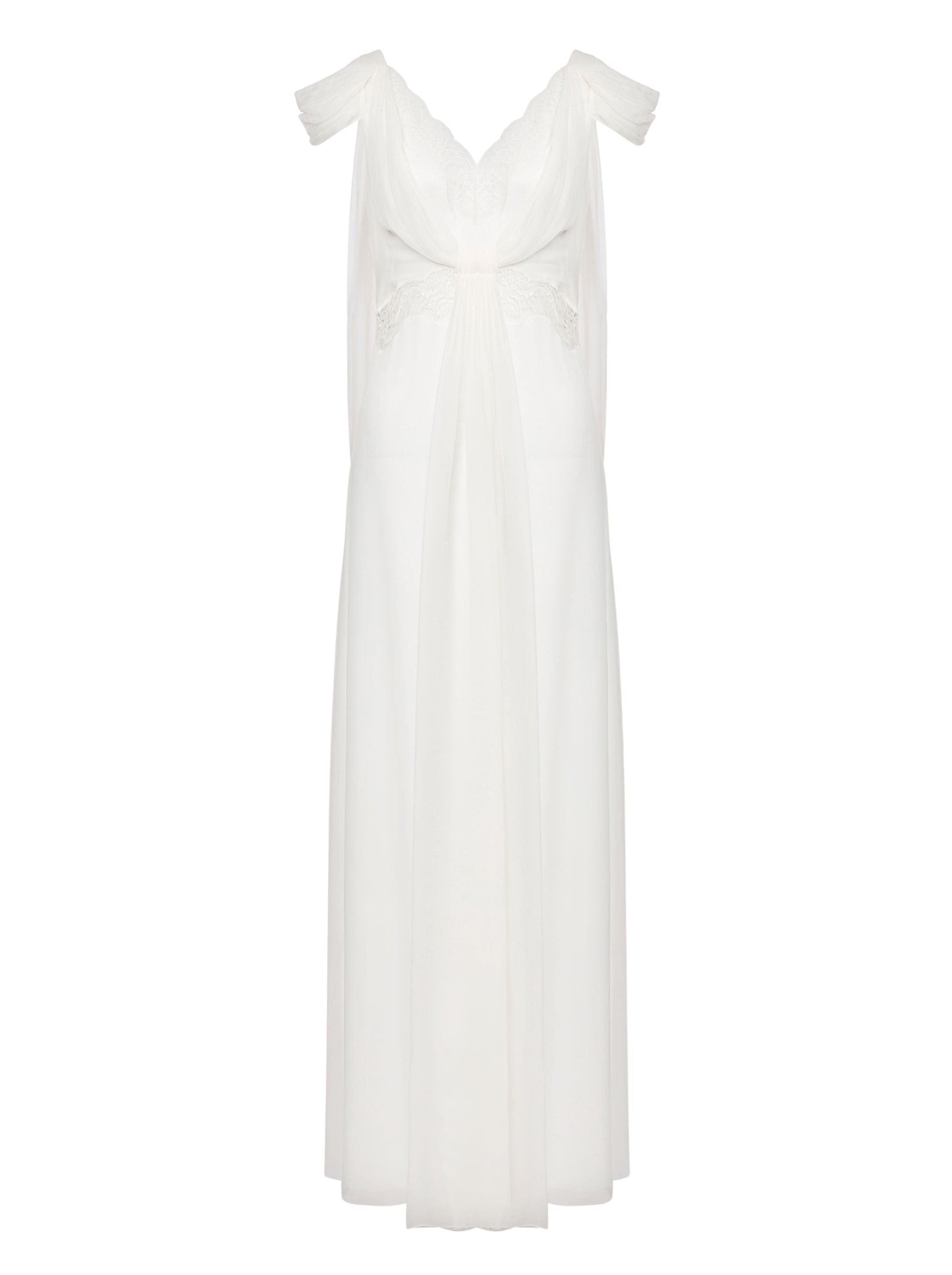 Robe longue en soie avec dentelle et drapés - White