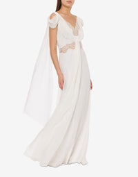 Robe longue en soie avec dentelle et drapés - White