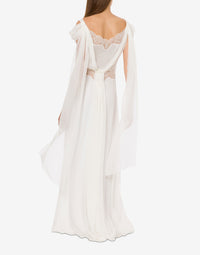 Robe longue en soie avec dentelle et drapés - White