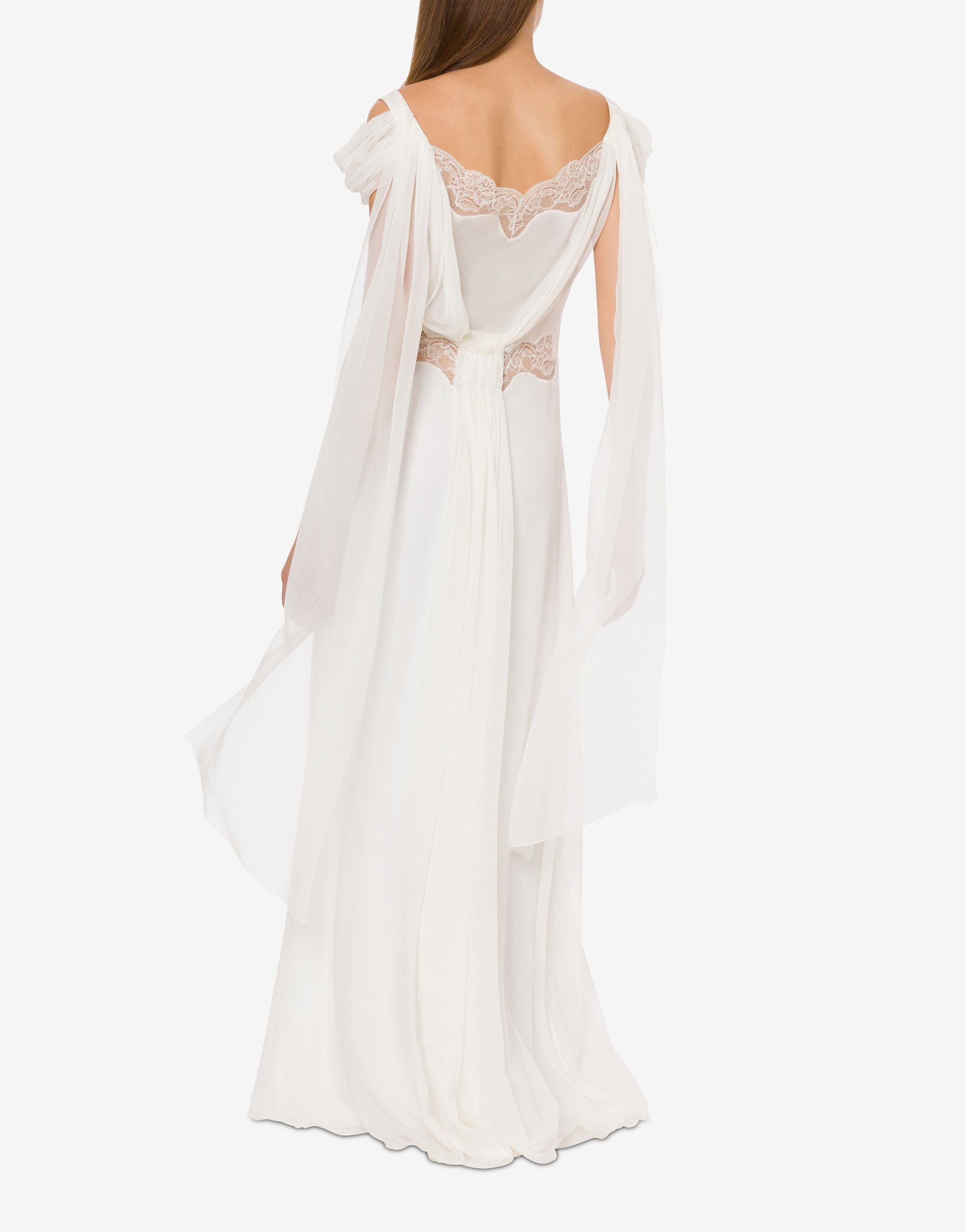 Robe longue en soie avec dentelle et drapés - White