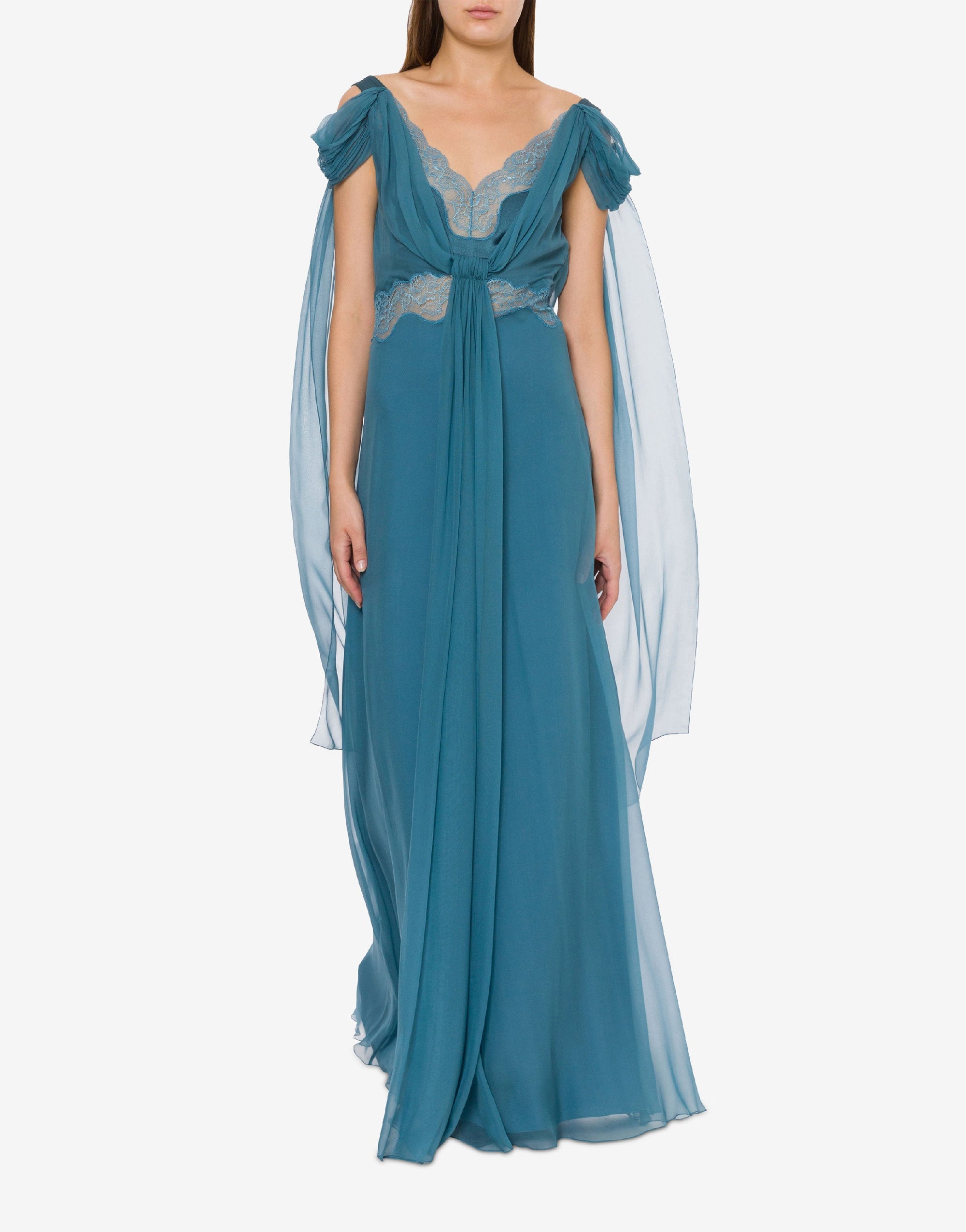 Robe longue en soie avec dentelle et drapés - Grey
