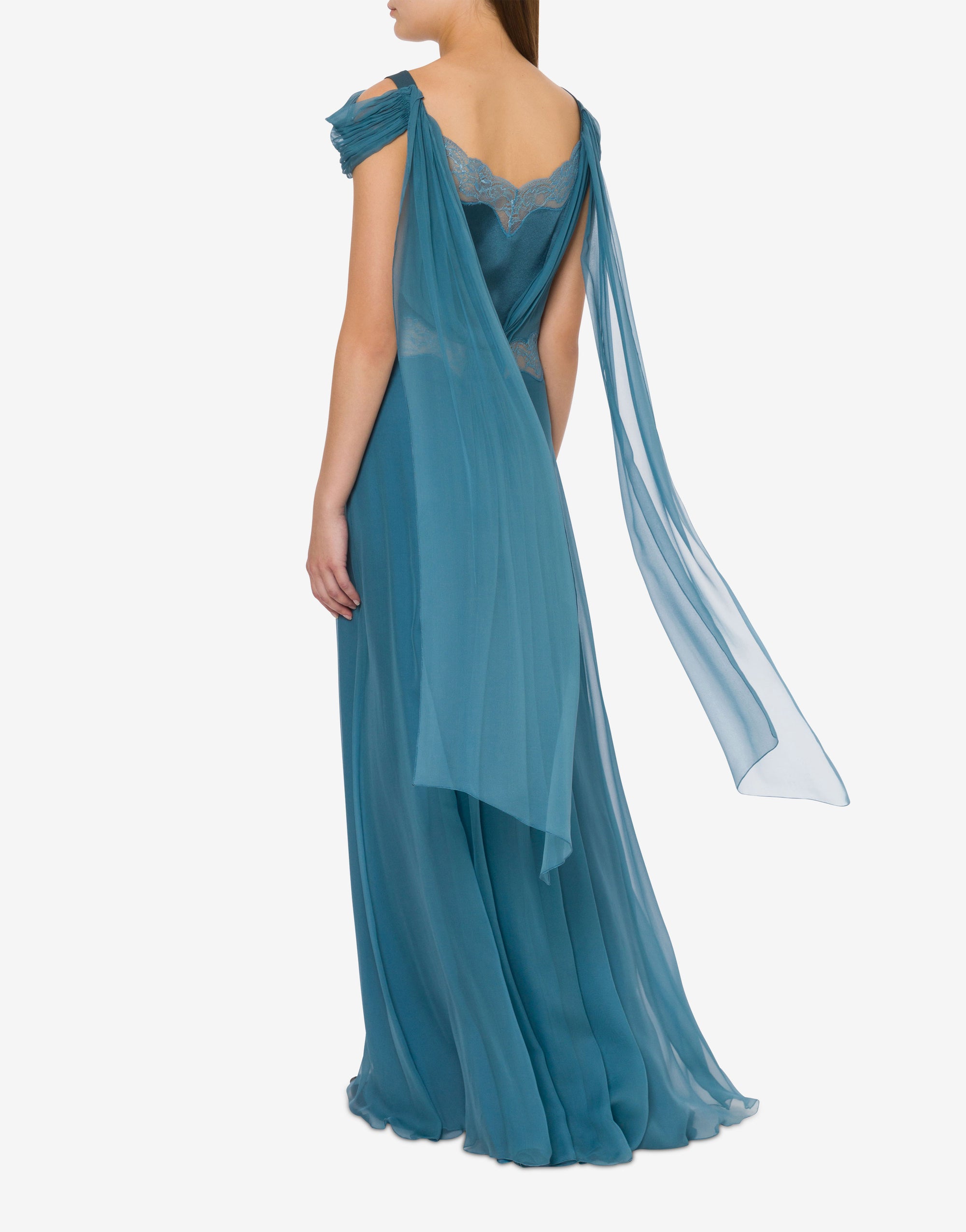 Robe longue en soie avec dentelle et drapés - Grey