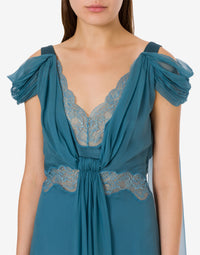 Robe longue en soie avec dentelle et drapés - Grey