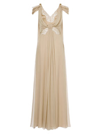 Robe longue en soie avec dentelle et drapés - Beige