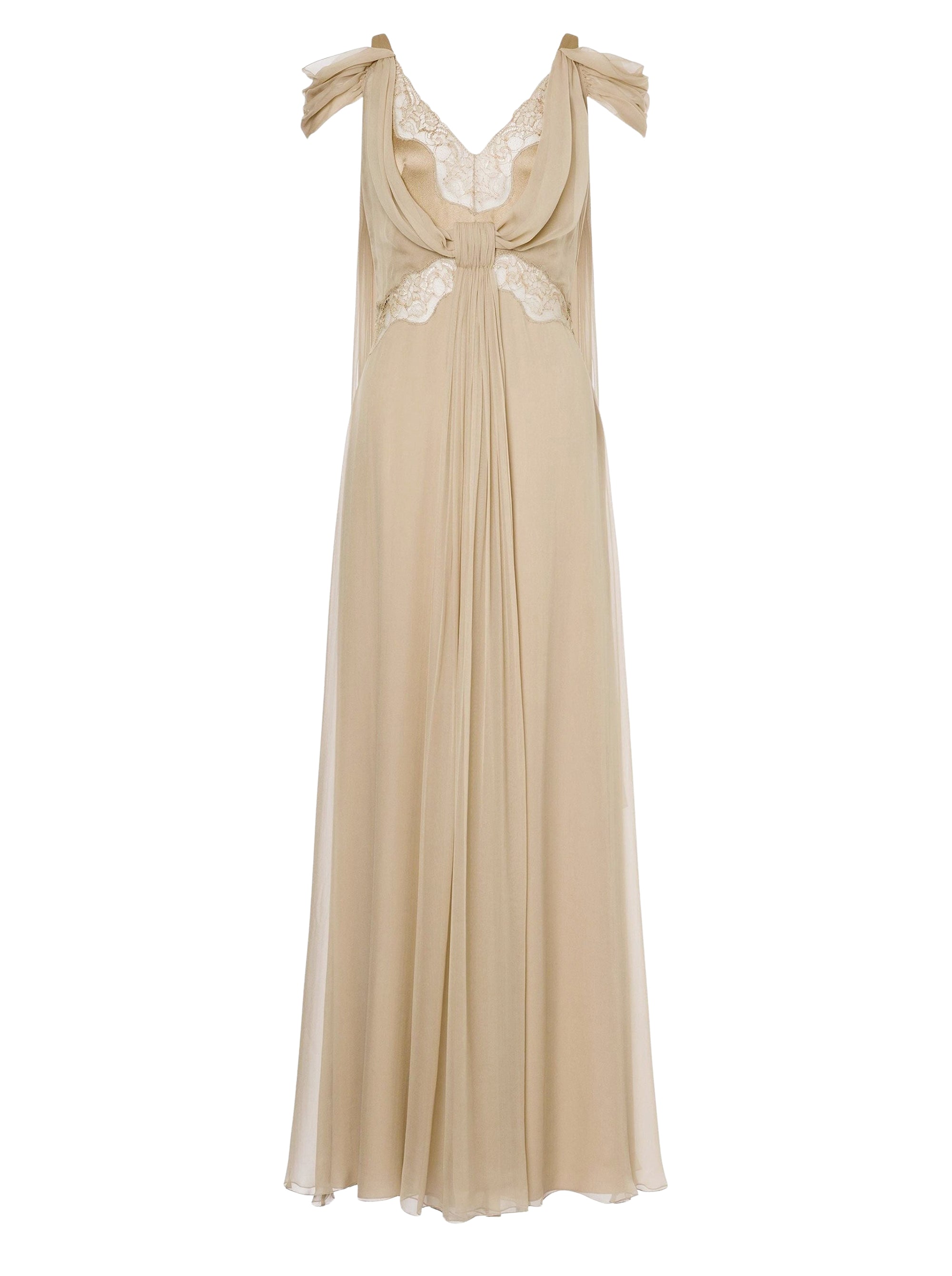 Robe longue en soie avec dentelle et drapés - Beige
