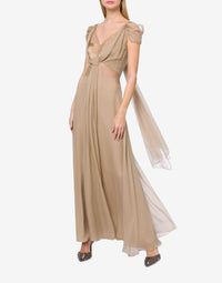 Robe longue en soie avec dentelle et drapés - Beige