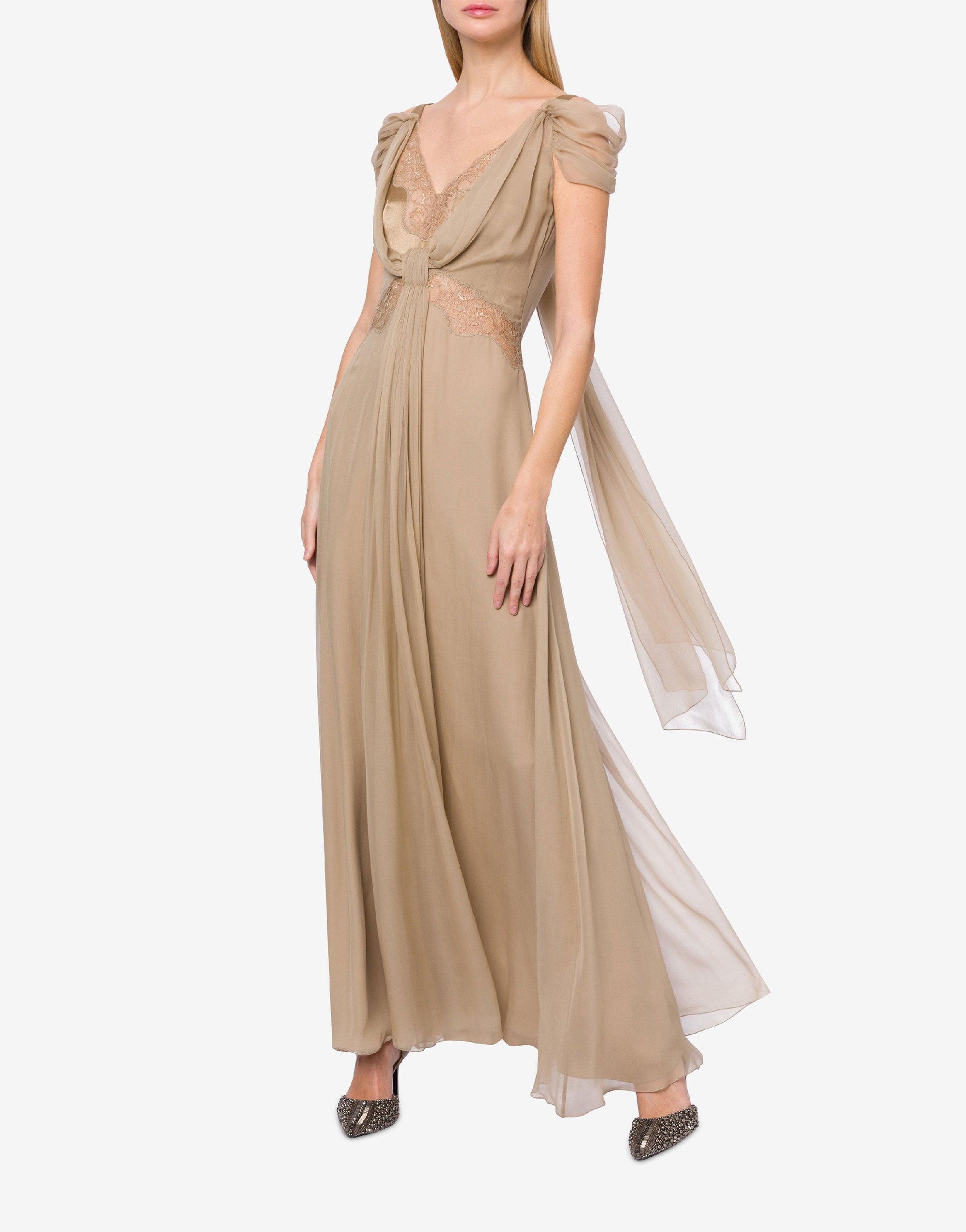 Robe longue en soie avec dentelle et drapés - Beige