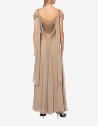 Robe longue en soie avec dentelle et drapés - Beige