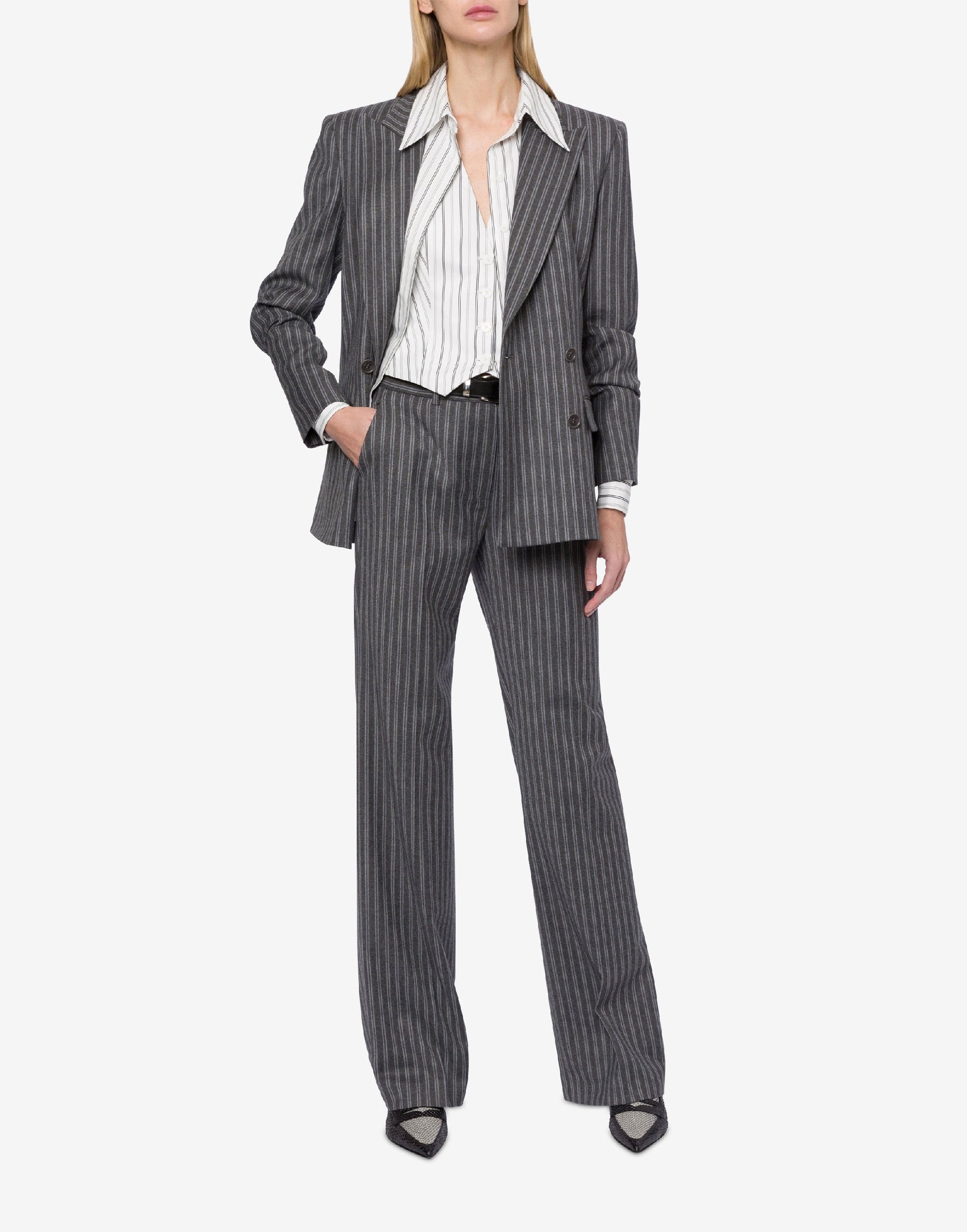 Veste en laine rayée stretch à double boutonnage - Grey