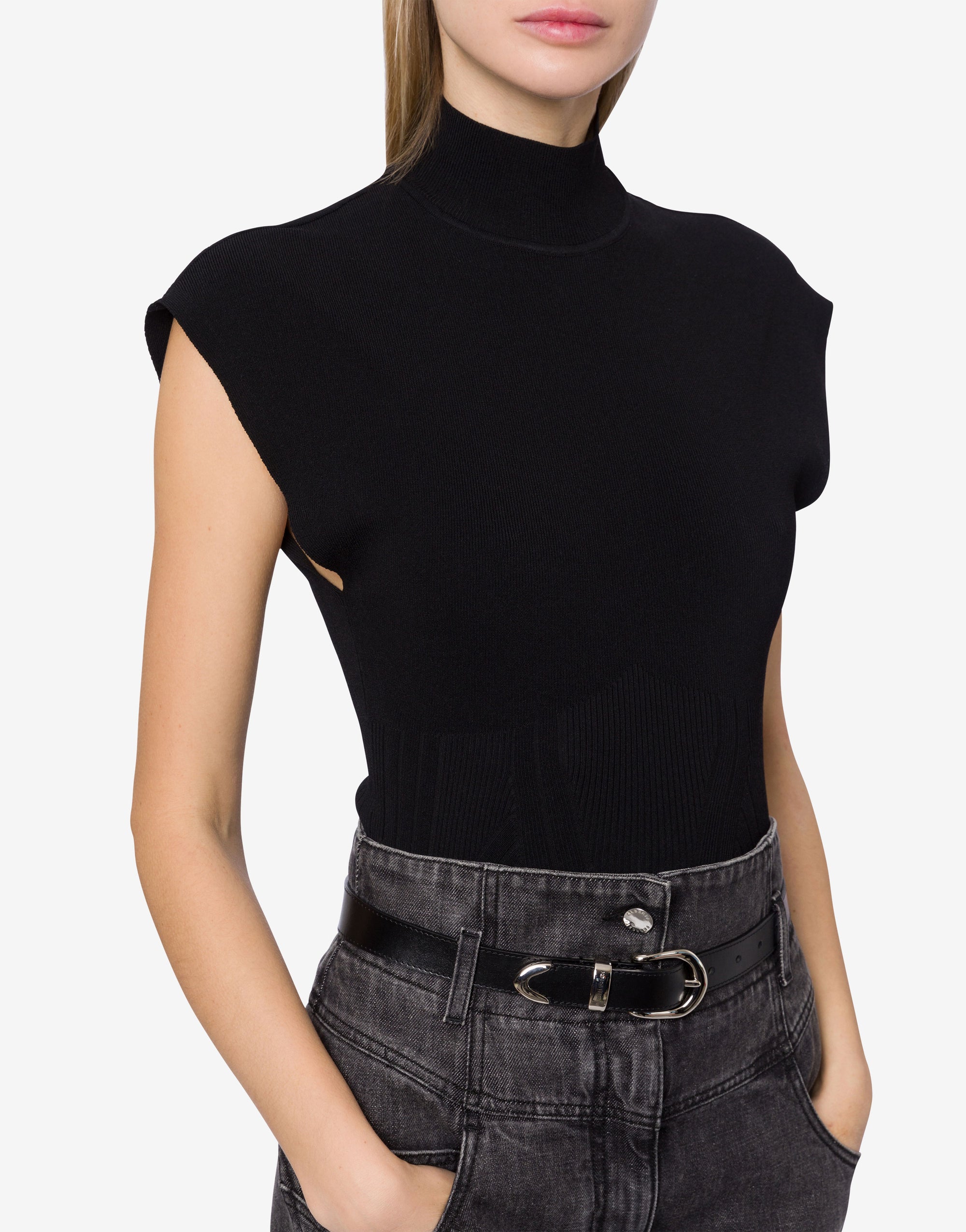 High-neck top in stretch knit - Black