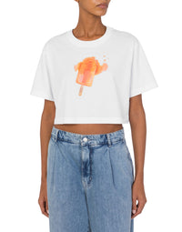 Cotton cropped T-shirt with an ice cream print - White