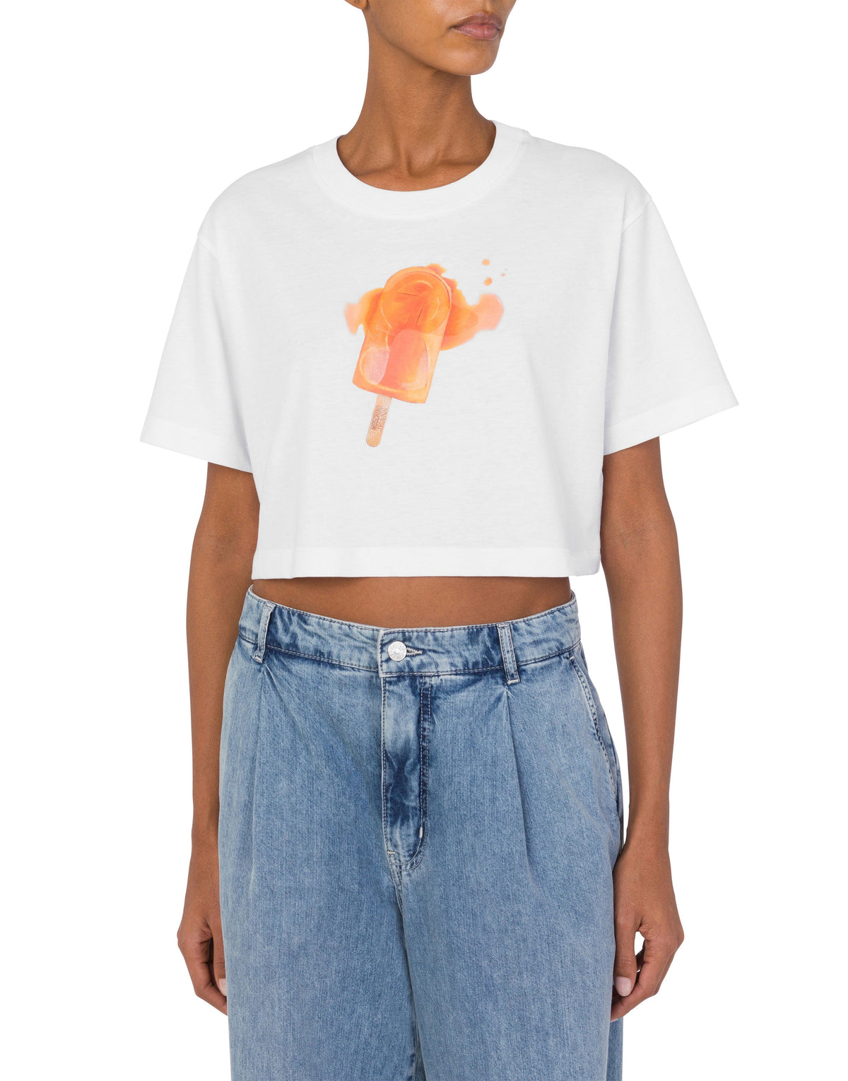 Cotton cropped T-shirt with an ice cream print - White