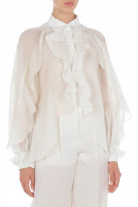 Blouse à manches volumineuses et volants - White