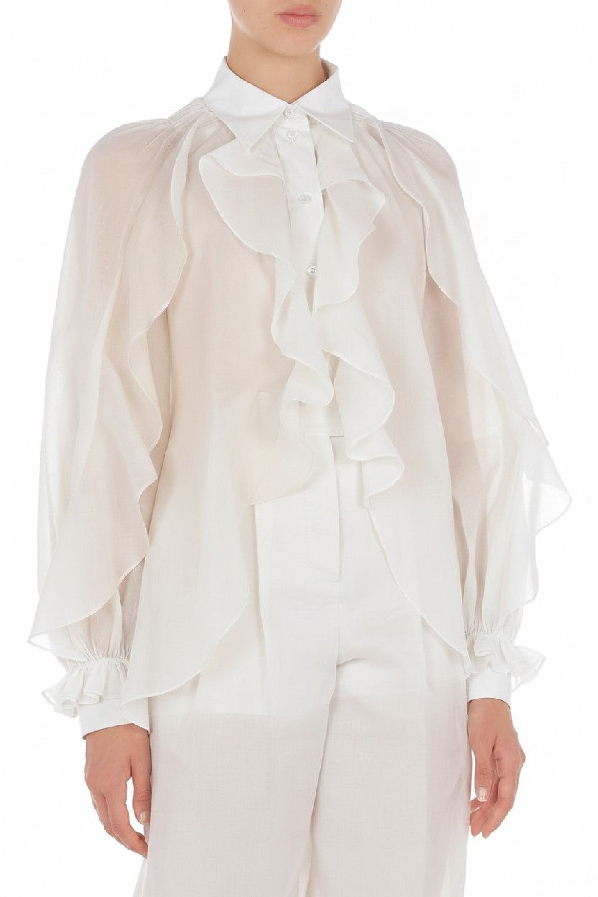 Blouse à manches volumineuses et volants - White