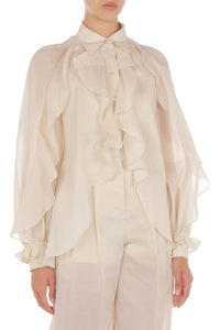 Blouse à manches volumineuses et volants - Beige