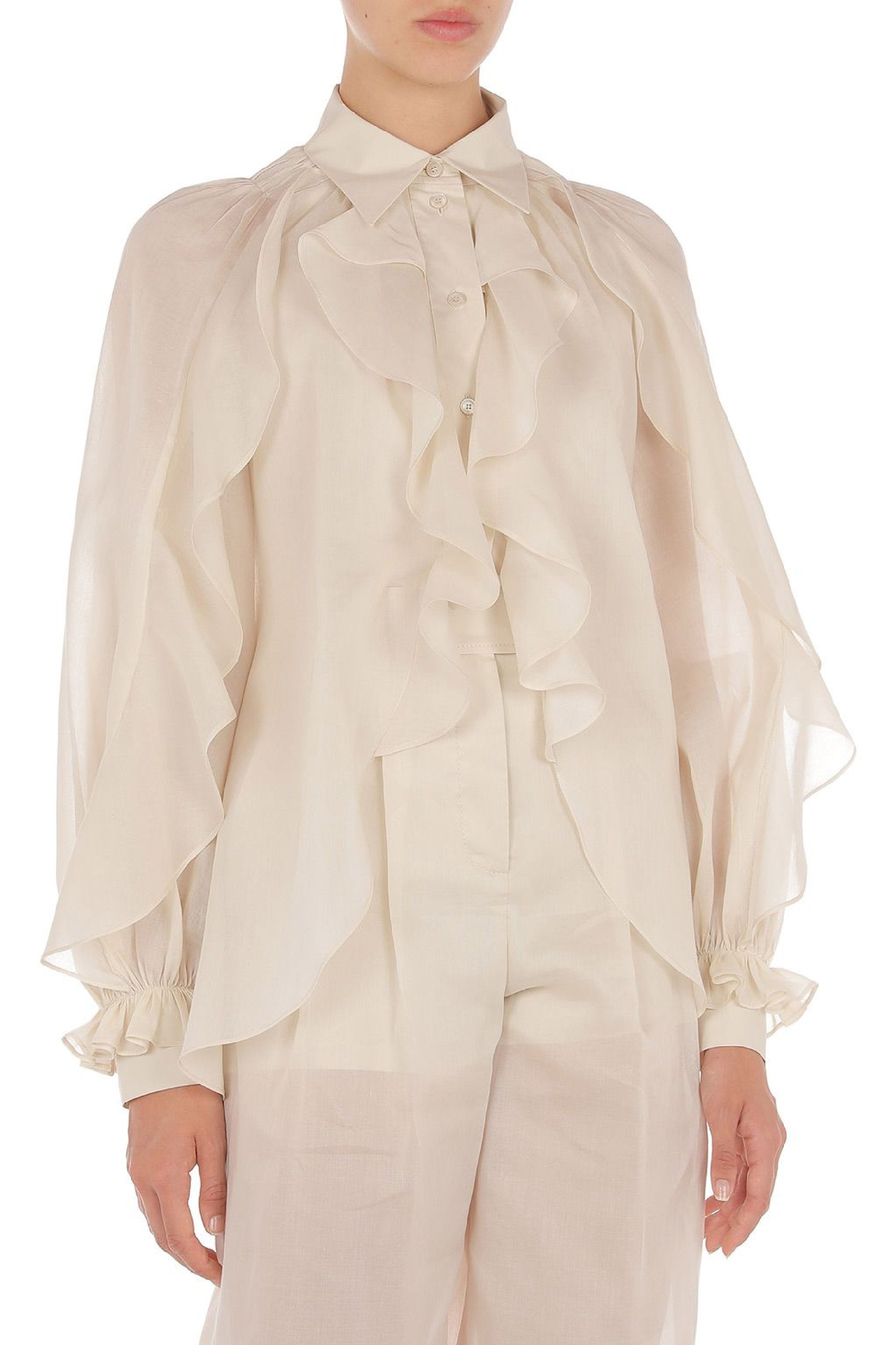 Blouse à manches volumineuses et volants - Beige