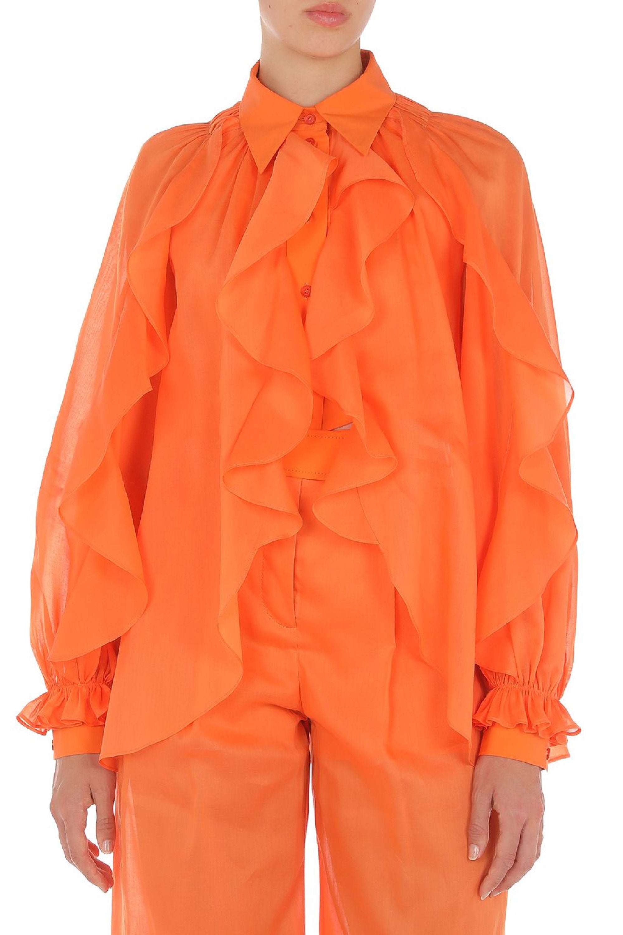 Blouse à manches volumineuses et volants - Orange