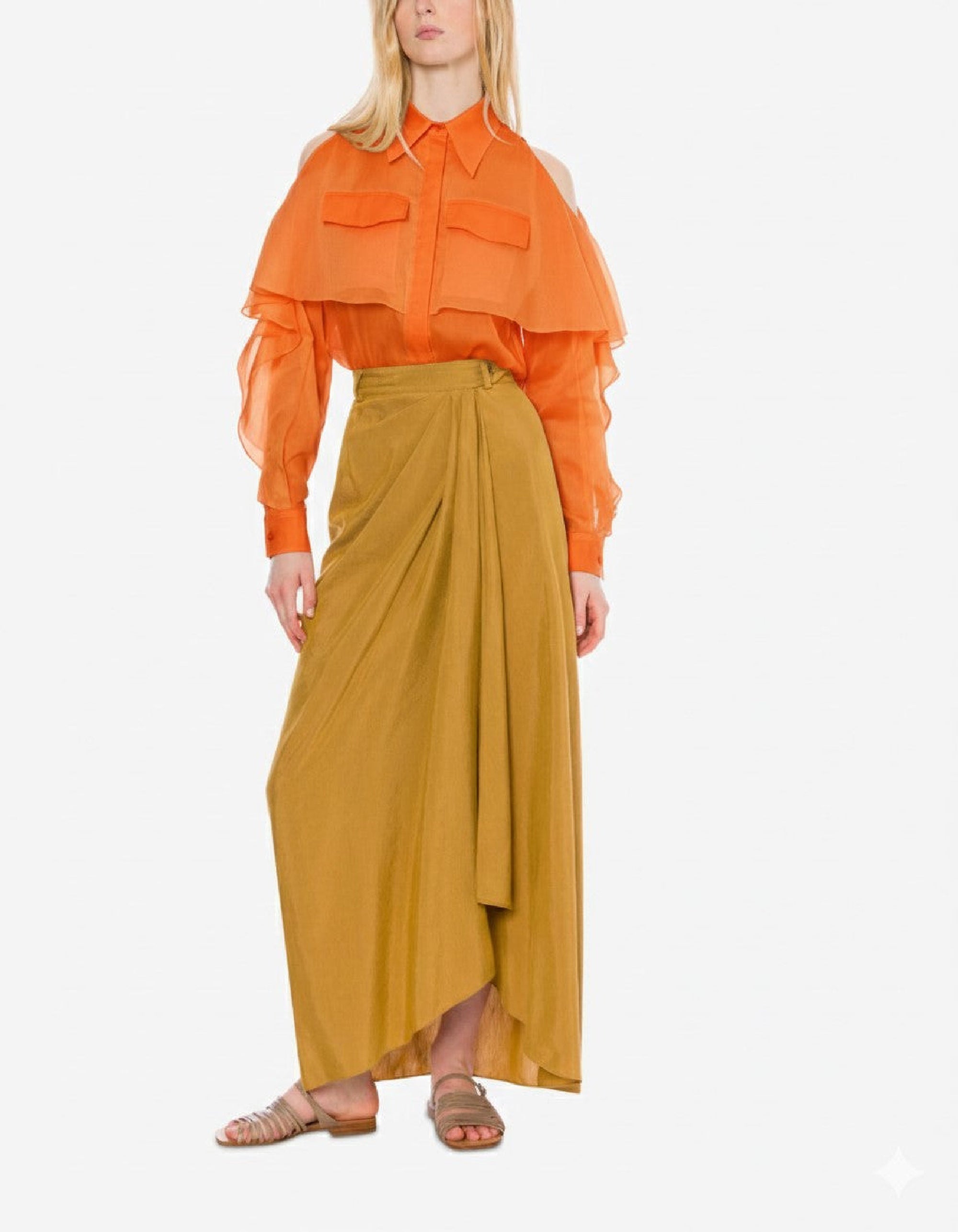Chemise en mousseline organisée avec volants - Orange
