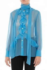 Blouse en mousseline de soie transparente - Blue
