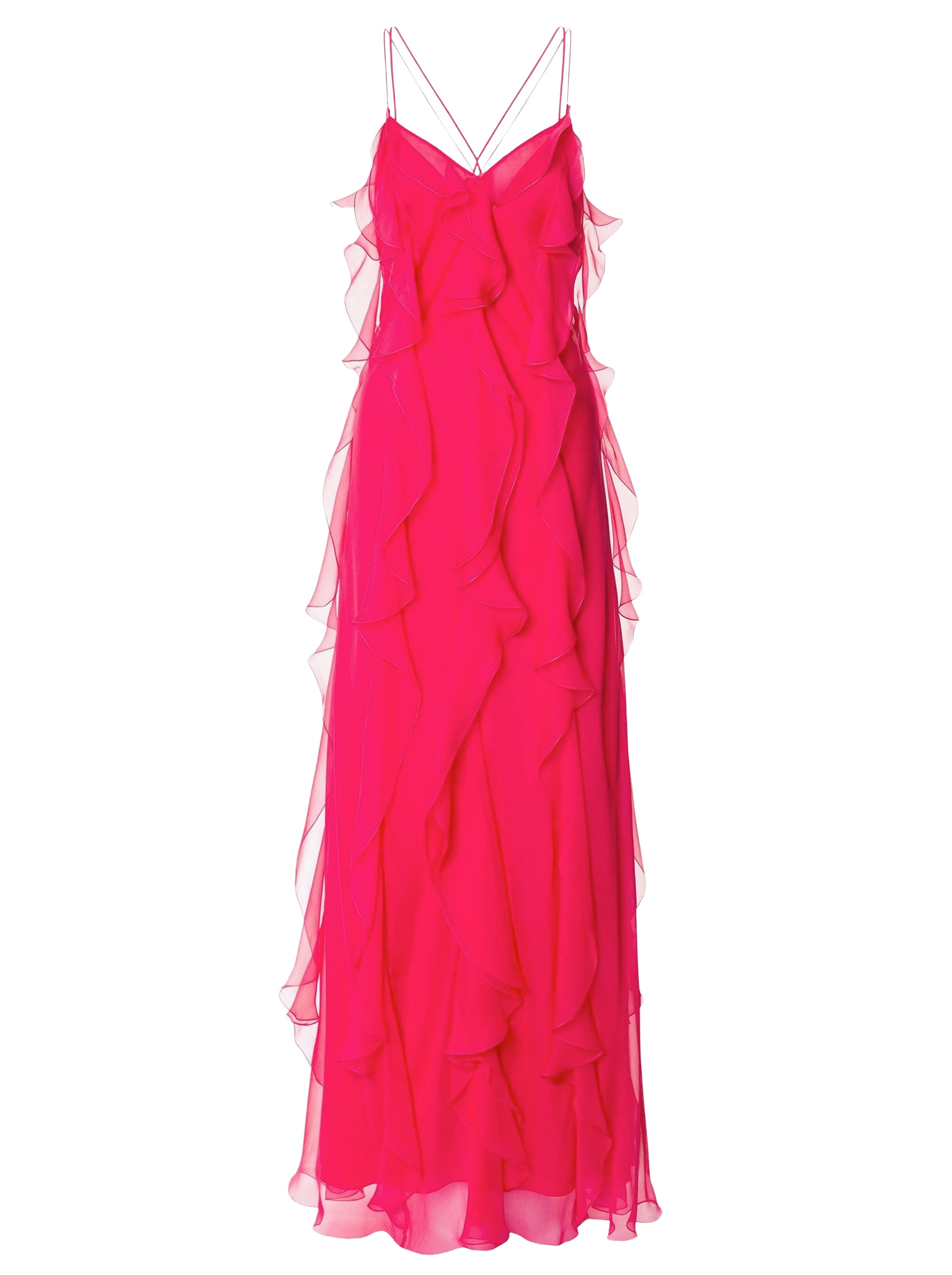 Robe longue sans manches en soie avec volants - Fucsia