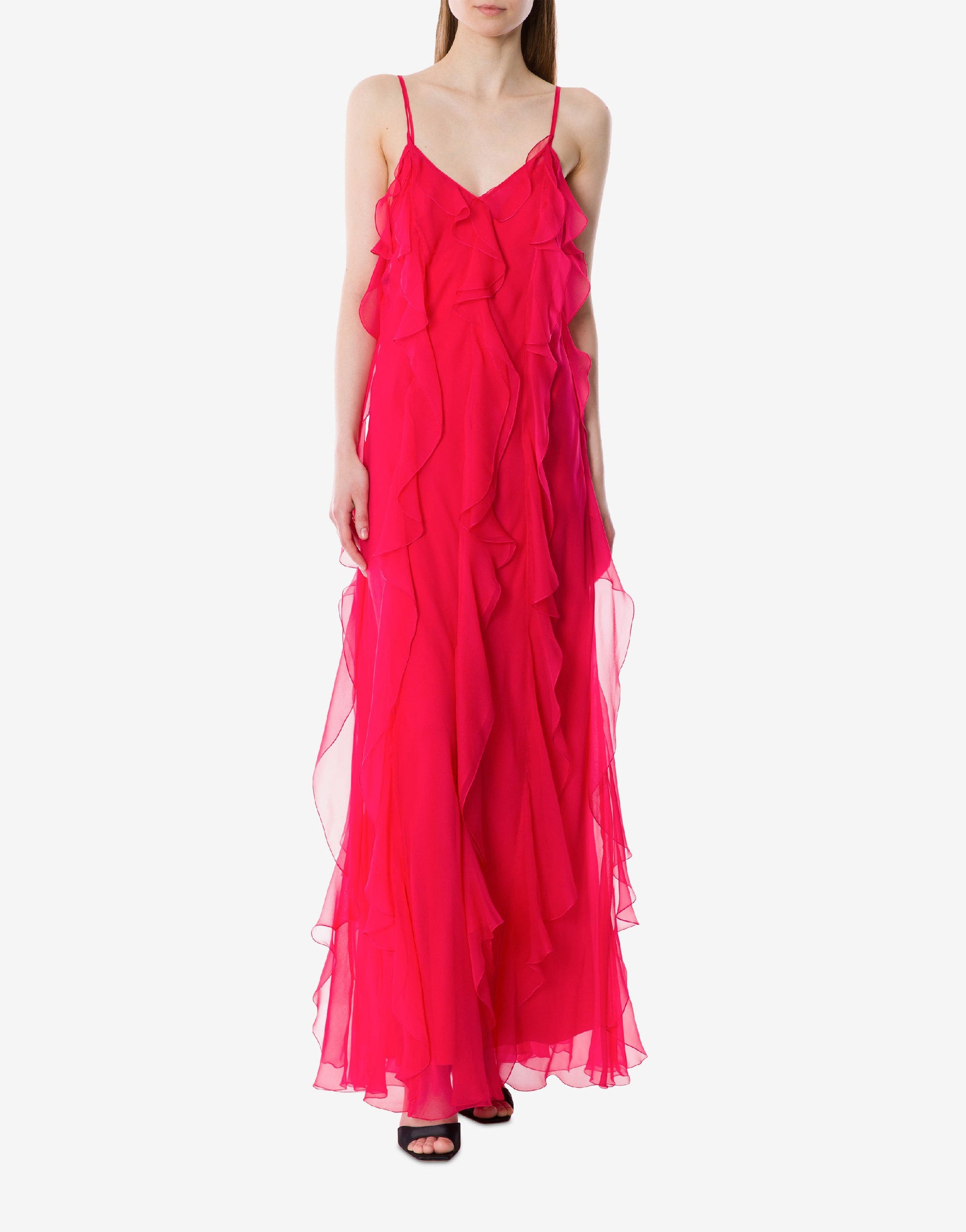 Robe longue sans manches en soie avec volants - Fucsia