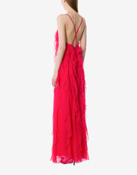 Robe longue sans manches en soie avec volants - Fucsia