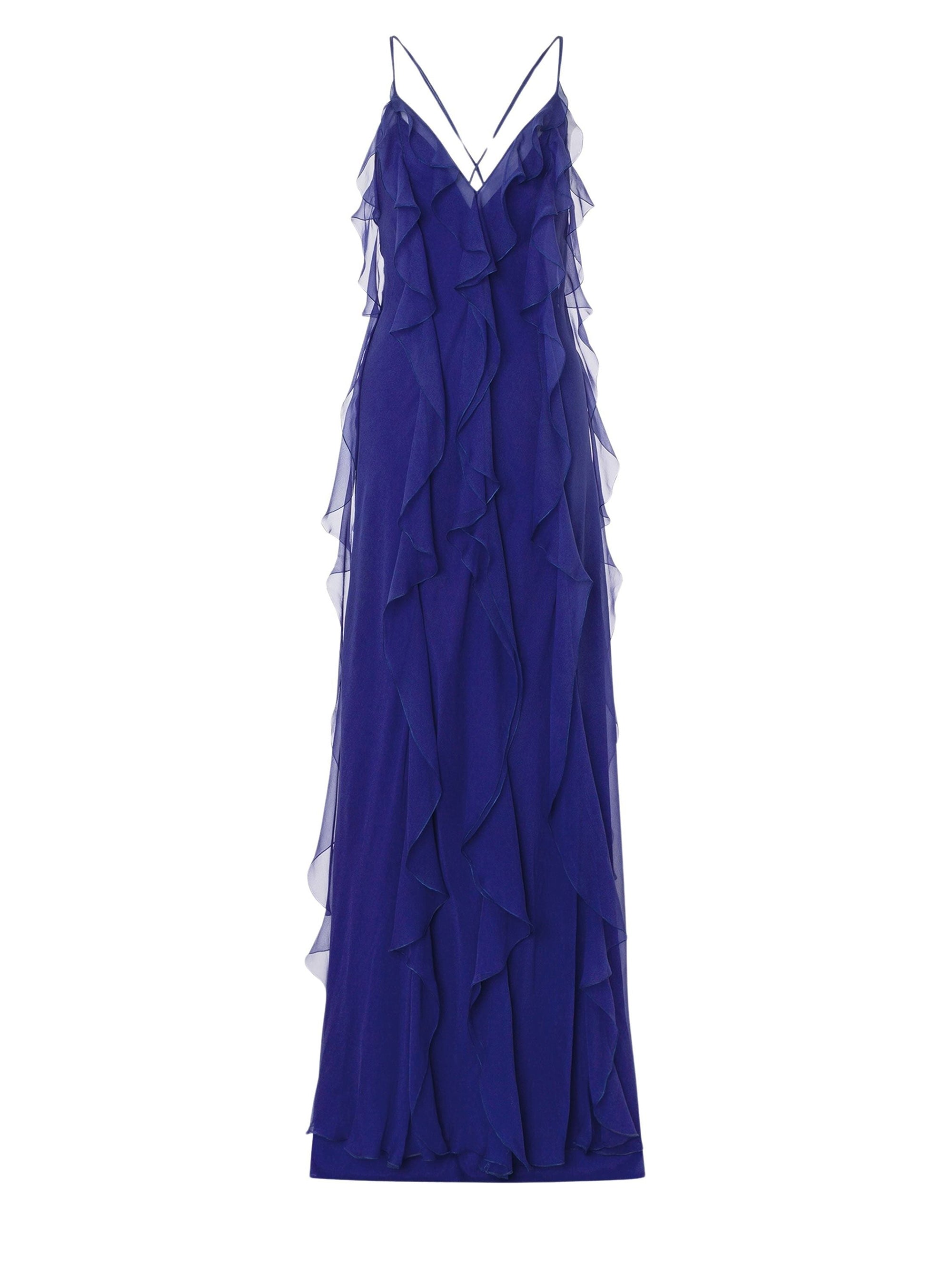 Robe longue sans manches en soie avec volants - Blue & Purple