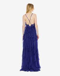 Robe longue sans manches en soie avec volants - Blue & Purple