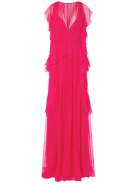 Robe longue en soie avec plis et volants - Fucsia