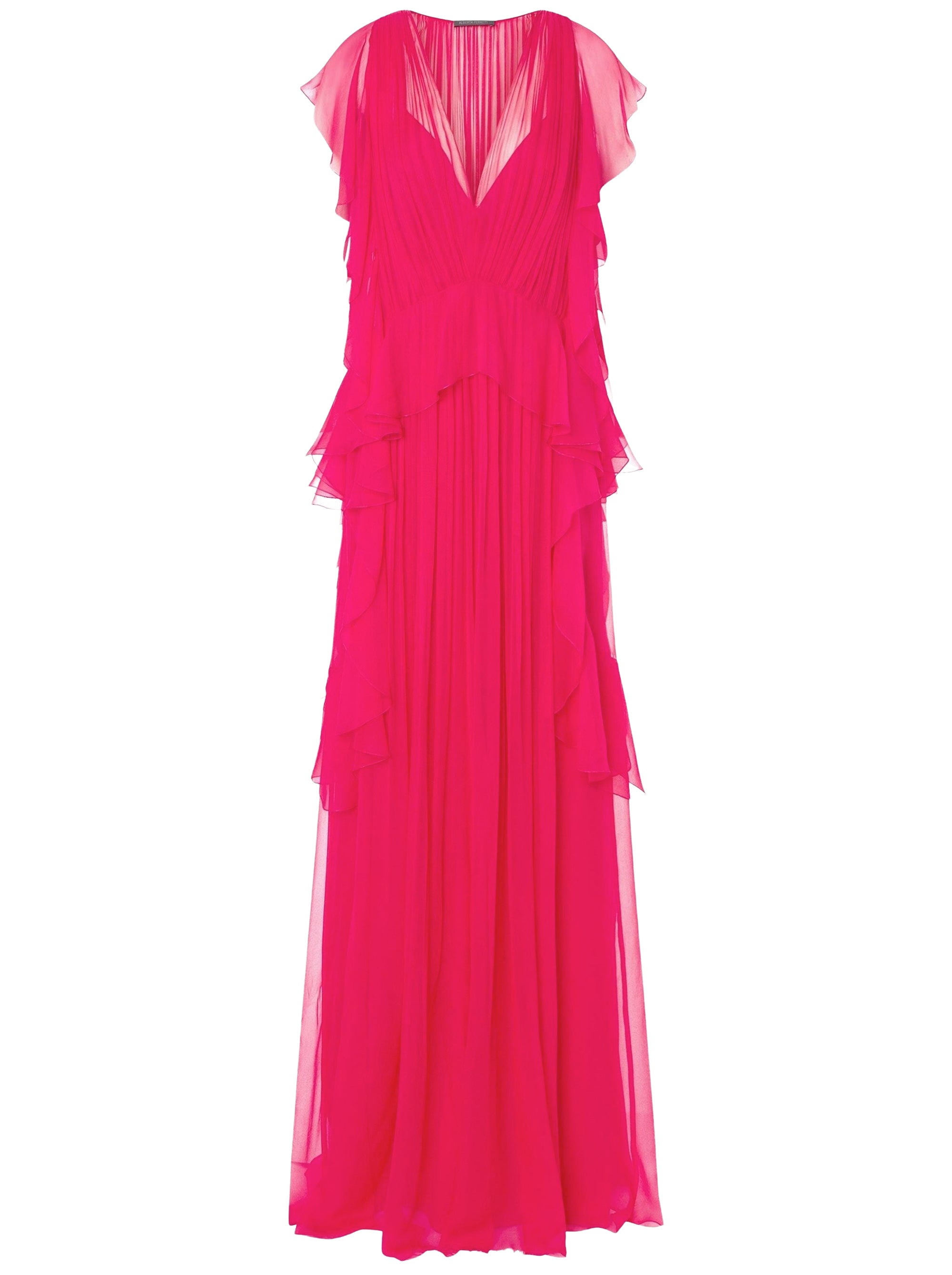 Robe longue en soie avec plis et volants - Fucsia
